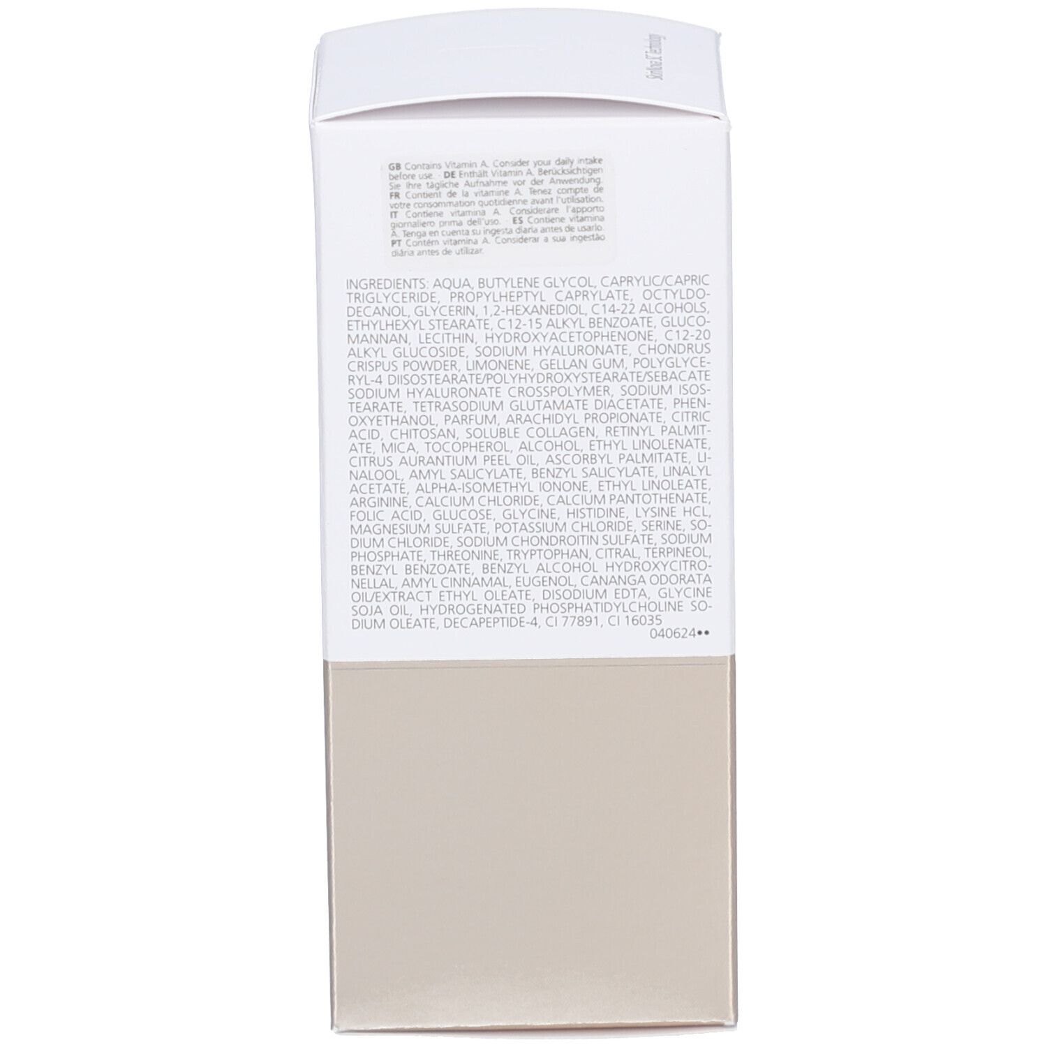 Rückseite der Produktverpackung. Text in mehreren Sprachen. Inhaltsstoffe und Produktbeschreibung.