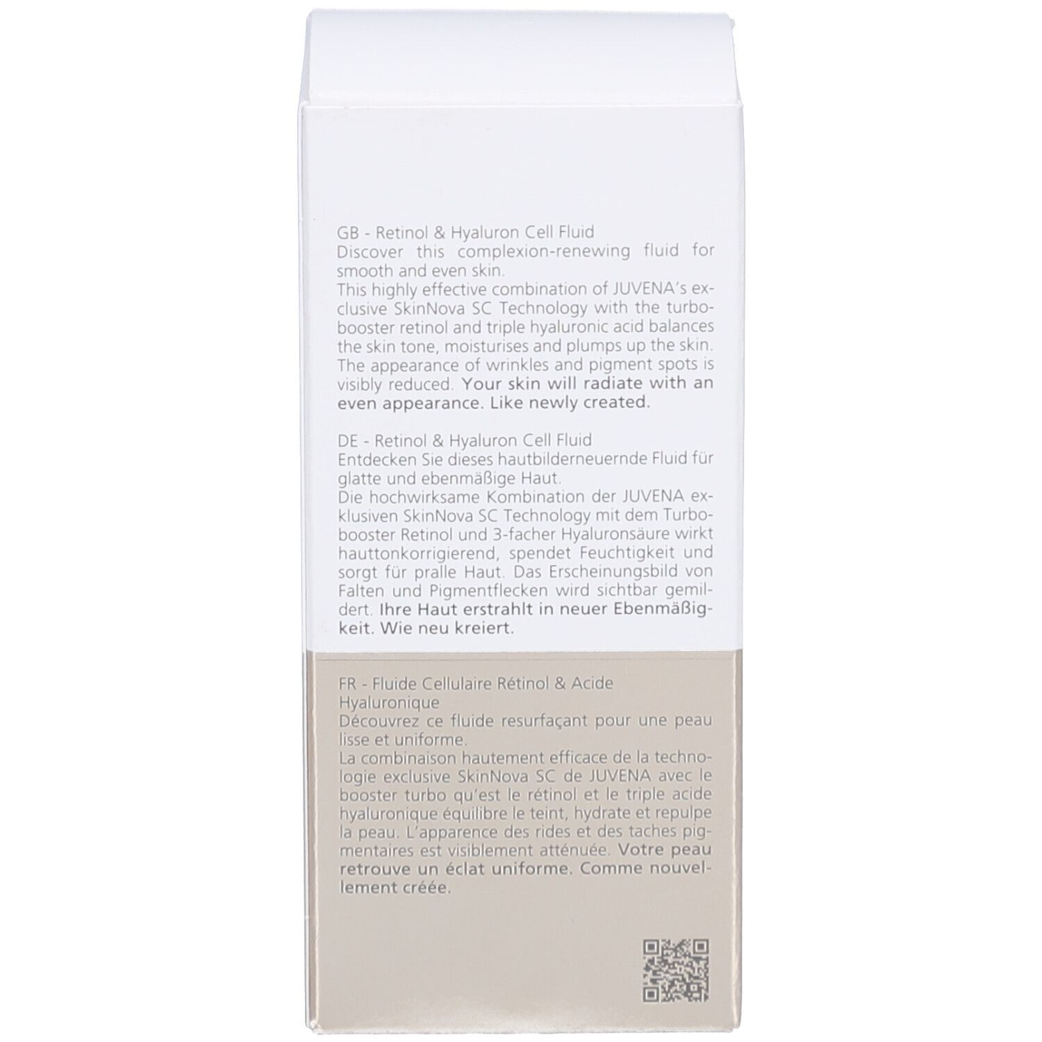 Rückseite der Produktverpackung. Text in mehreren Sprachen. Produktbeschreibung und QR-Code.