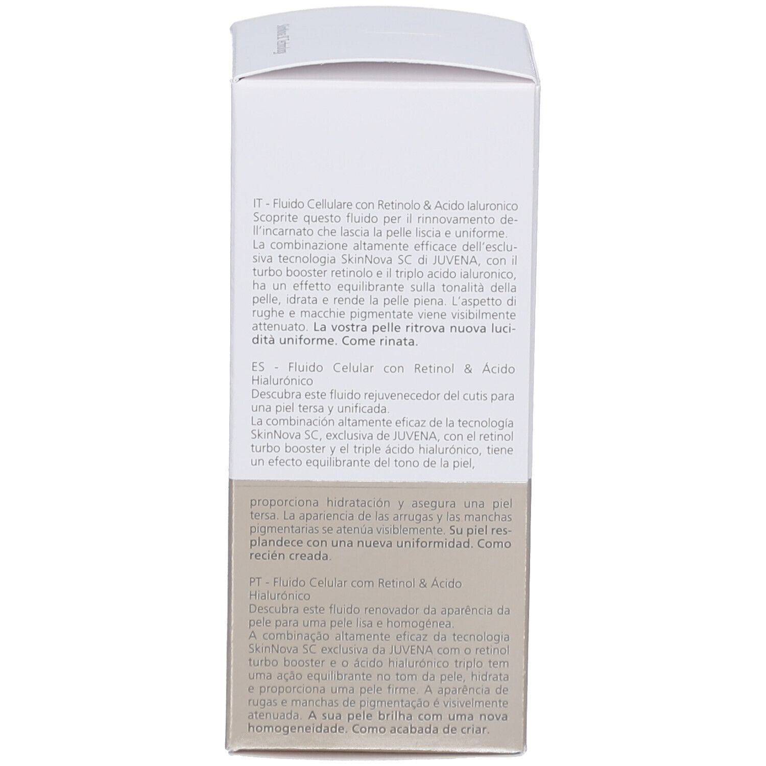 Rote Flasche mit weißem Pumpkopf. Aufschrift: Juvena of Switzerland. Produktbezeichnung: Skin Specialists Cell Fluid.