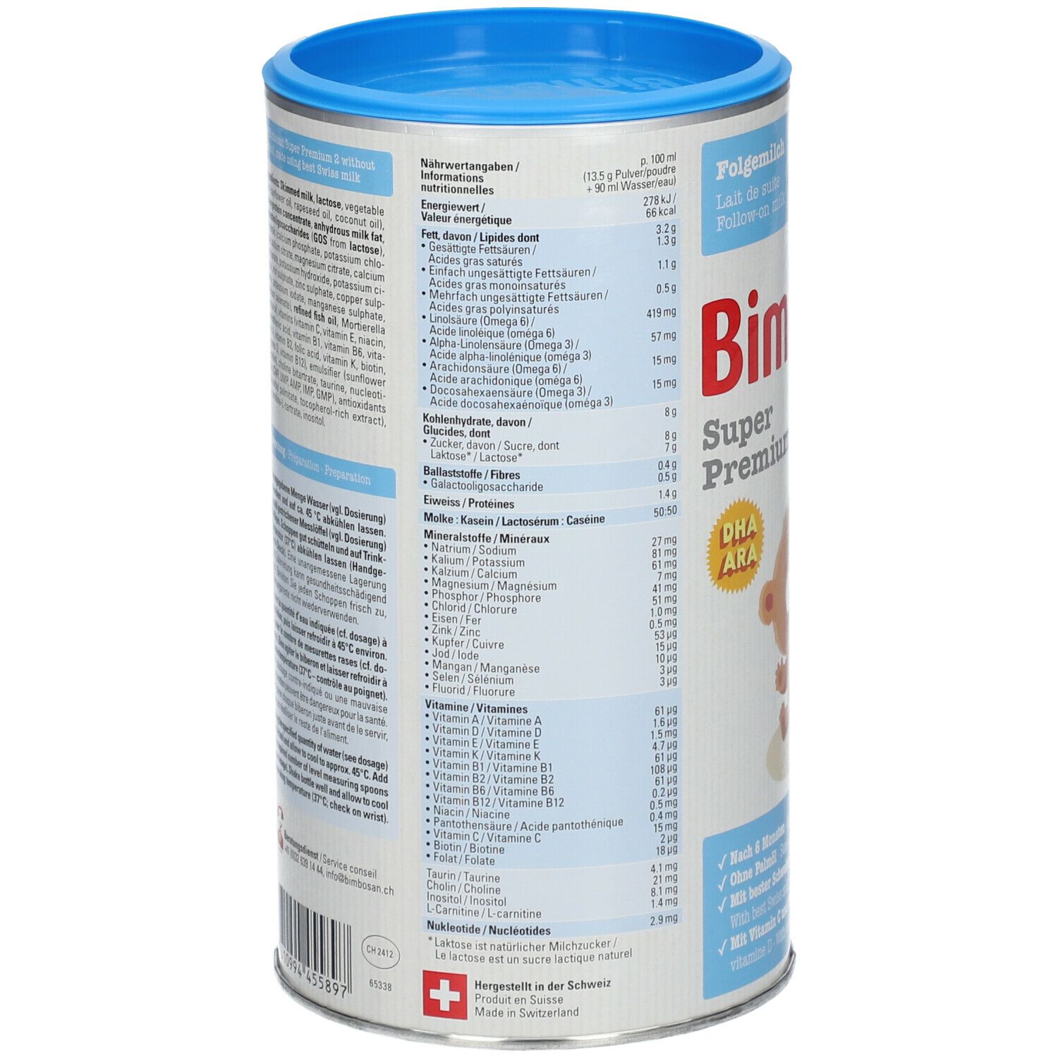 Zylindrische Dose mit Nährwertangaben. Blaue Deckel. Text: Bimbosan Super Premium 2 Folgemilch. Enthält DHA/ARA.