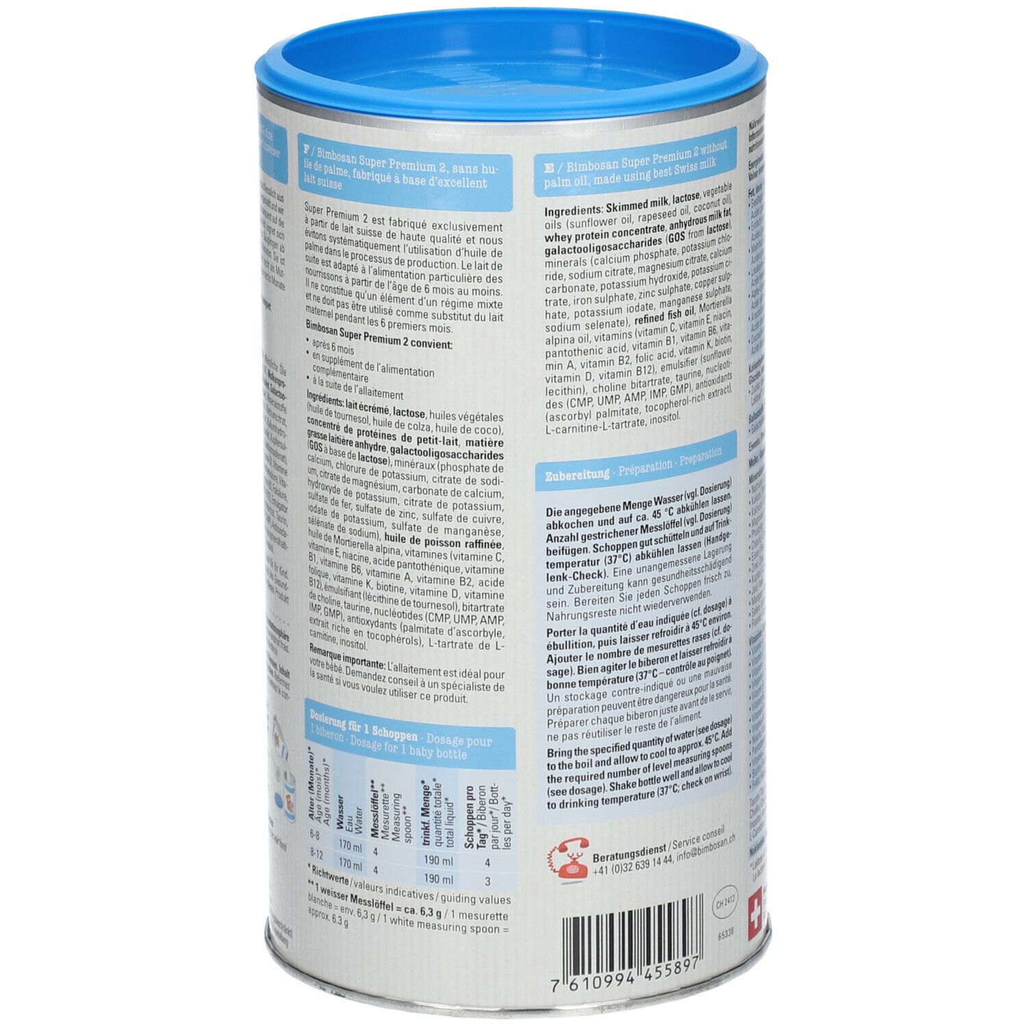 Zylindrische Dose mit Inhaltsangaben. Blaue Deckel. Text: Bimbosan Super Premium 2 Folgemilch. Enthält DHA/ARA.