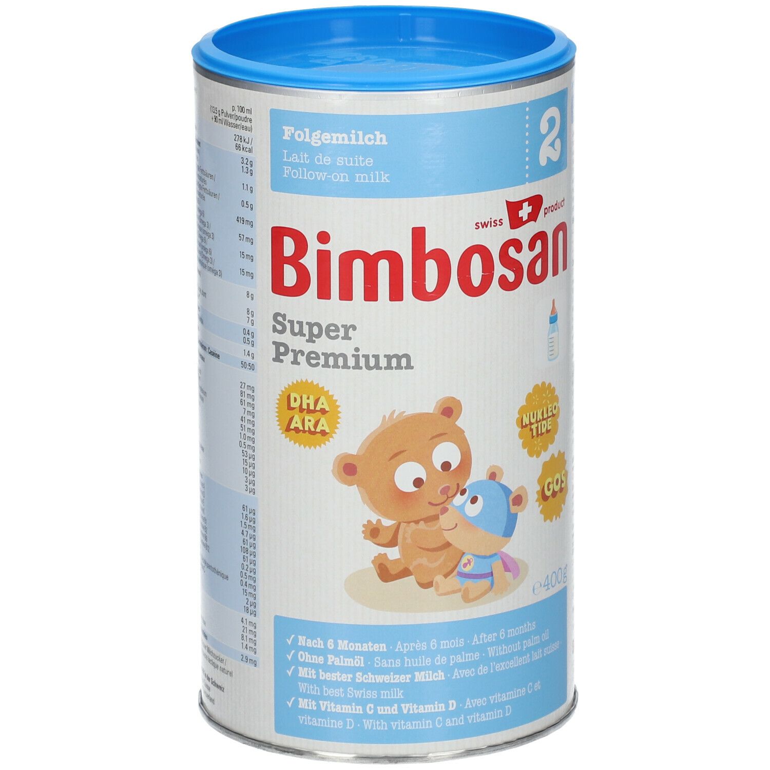 Zylindrische Dose mit blauem Deckel. Text: Bimbosan Super Premium 2 Folgemilch. Abbildung: Bären. Enthält DHA/ARA, GOS, Nukleotide.