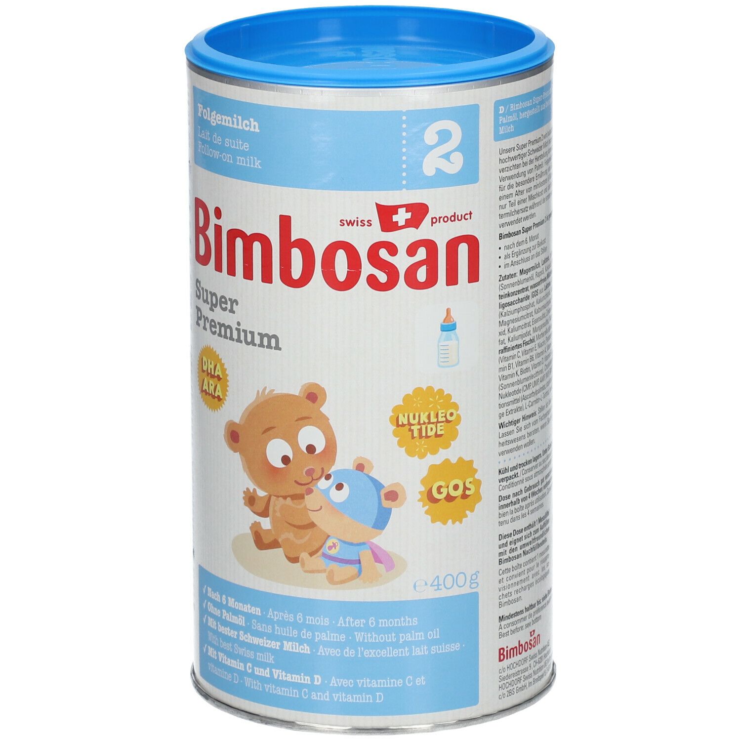 Zylindrische Dose mit blauem Deckel. Text: Bimbosan Super Premium 2 Folgemilch. Abbildung: Bären. Enthält DHA/ARA, GOS, Nukleotide.