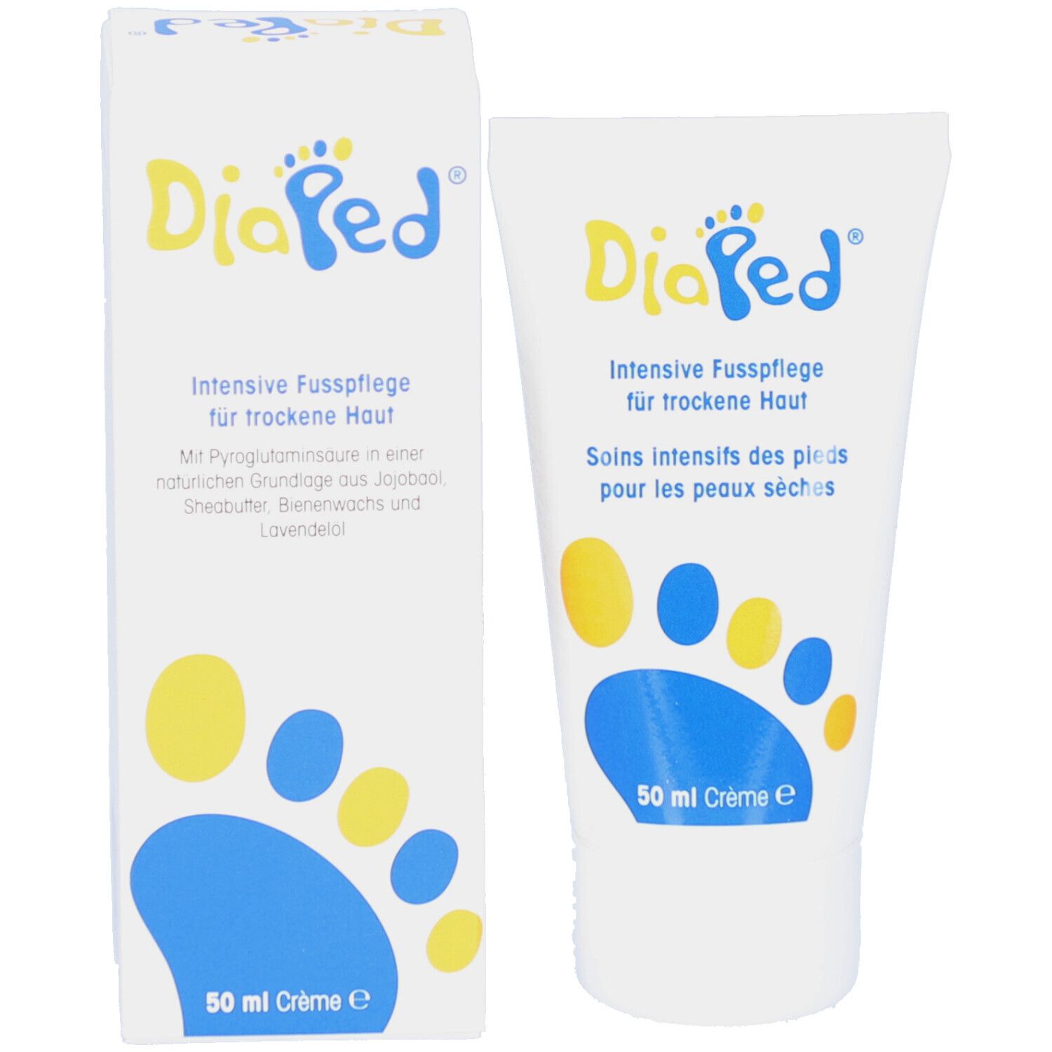 DiaPed-Tube und Schachtel. Logo, Fußabdruck-Design. Text: Intensive Fußpflege für trockene Haut. 50 ml Crème.