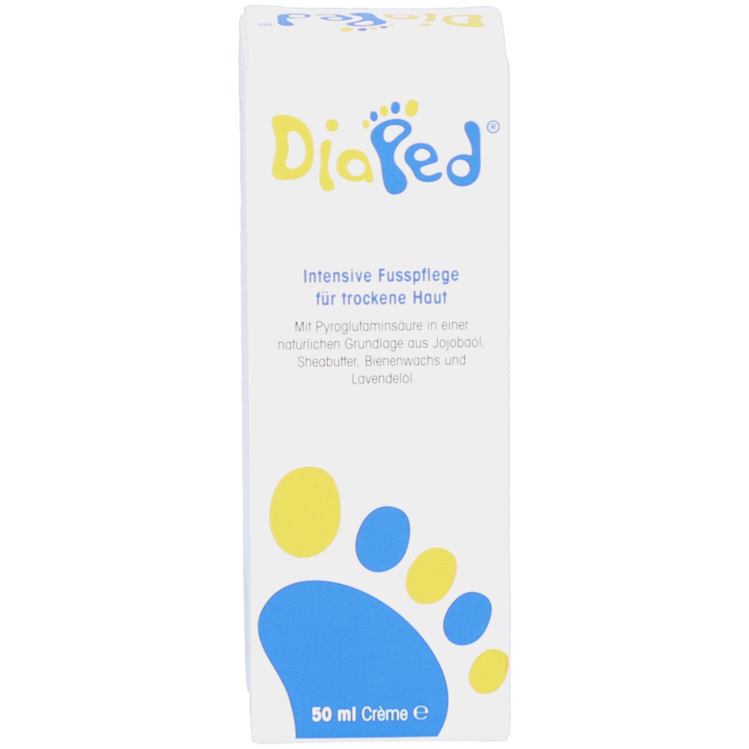 Weiße Schachtel mit DiaPed-Logo, Fußabdruck-Design. Text: Intensive Fußpflege für trockene Haut. 50 ml Crème.