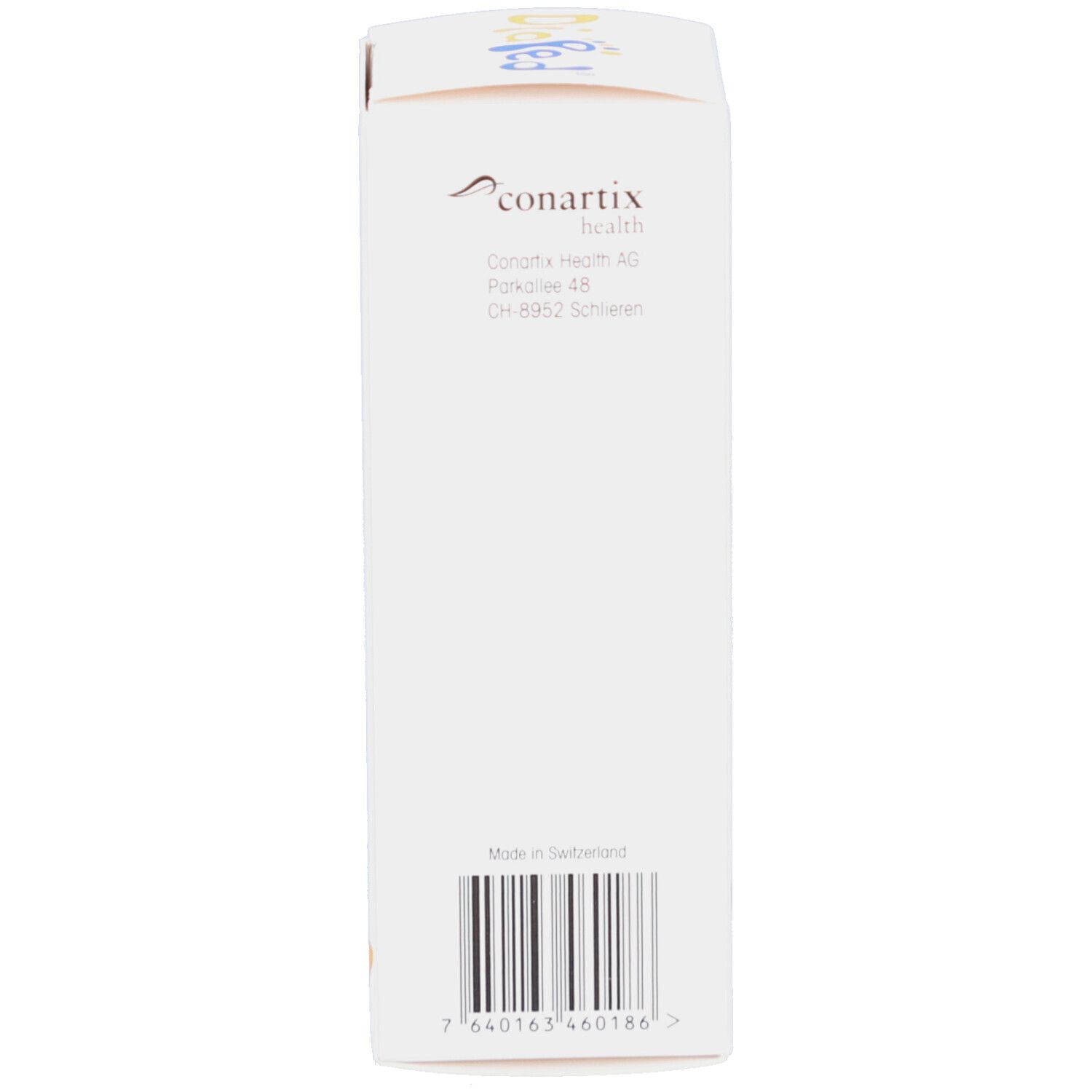 Rückseite der weißen Schachtel. Conartix Health AG. Barcode. Made in Switzerland.