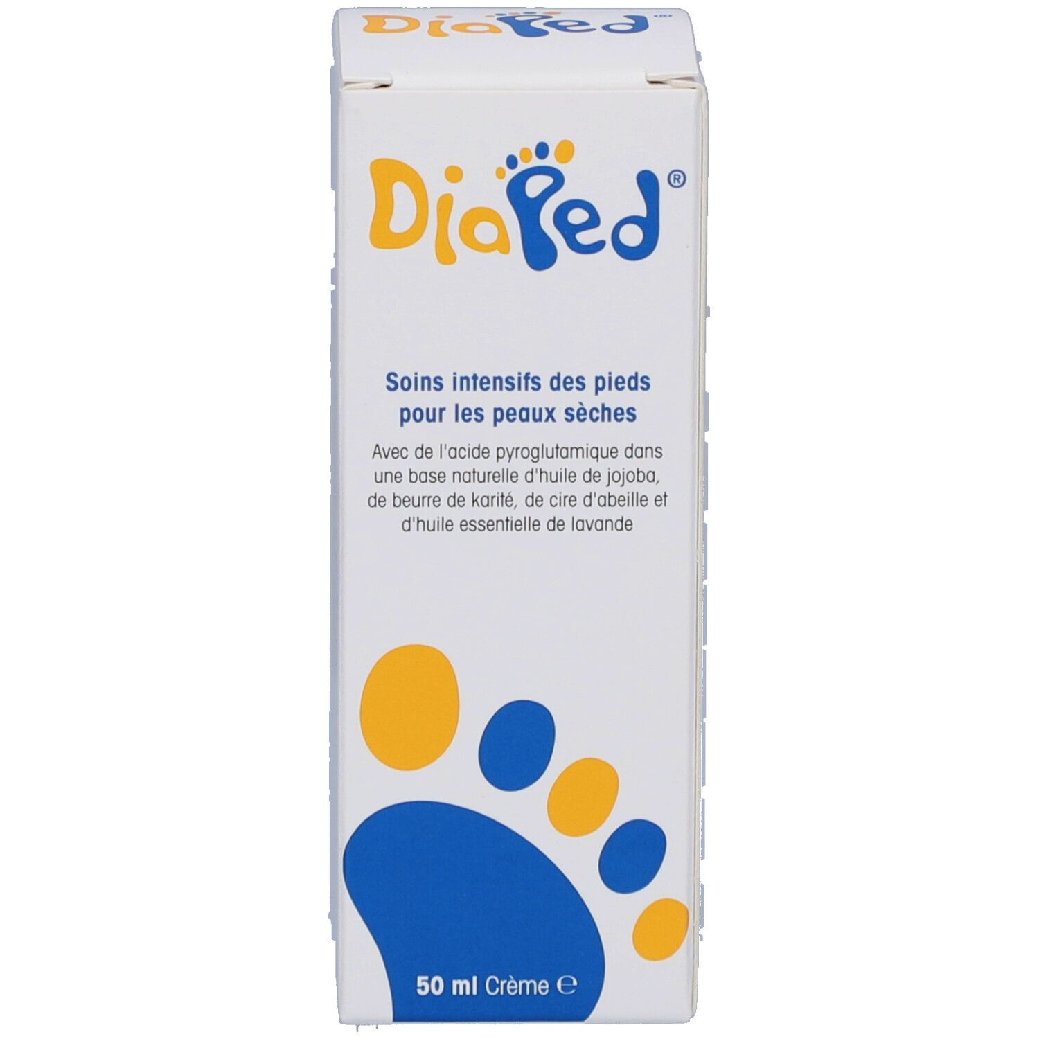 Seite der weißen Schachtel. DiaPed-Logo, Fußabdruck-Design. Text: Soins intensifs des pieds pour peaux sèches. 50 ml Crème.