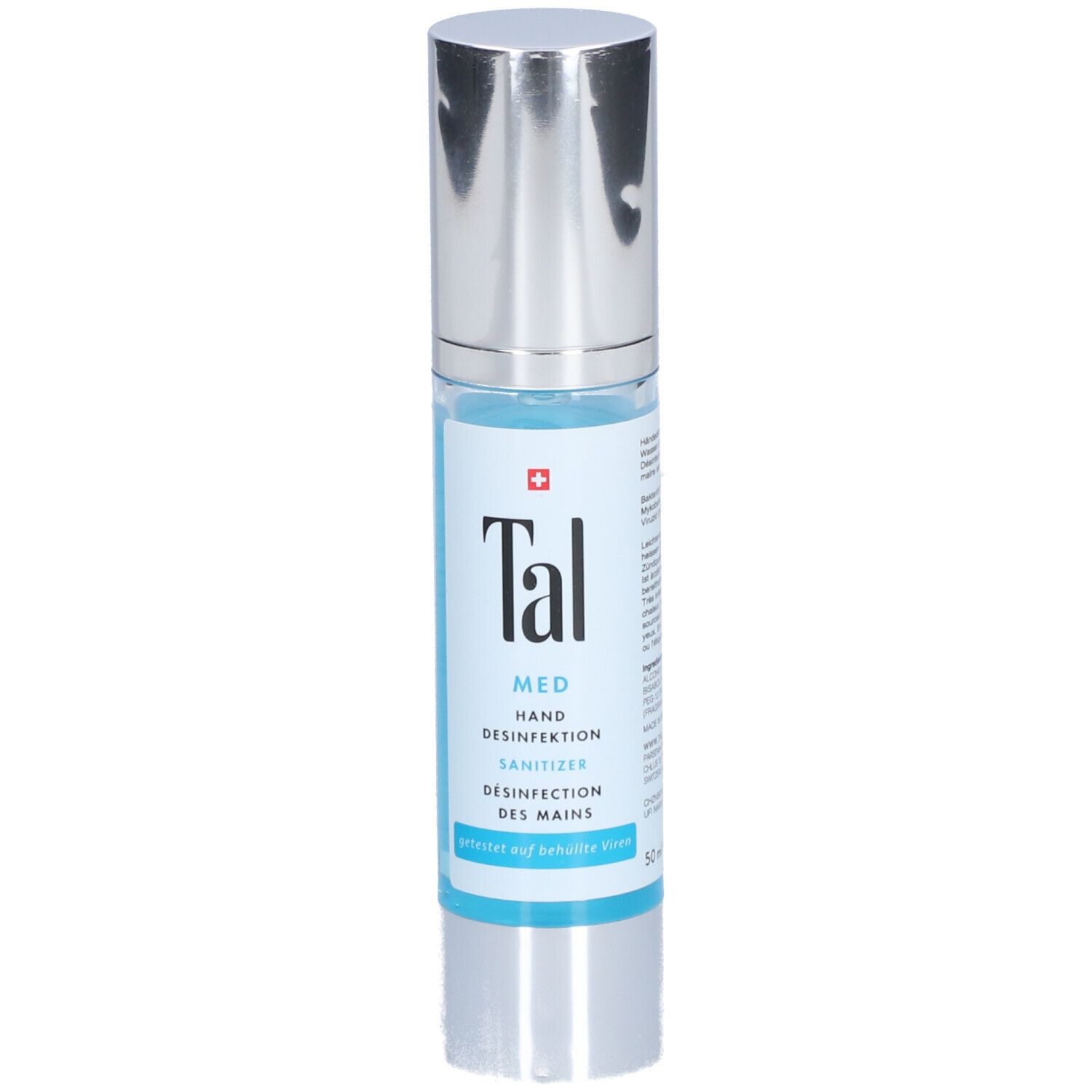 Handdesinfektionsmittel-Flasche mit silbernem Deckel. Aufschrift: Tal Med Hand Desinfektion, Sanitizer, Desinfection des mains. Schweizer Kreuz.