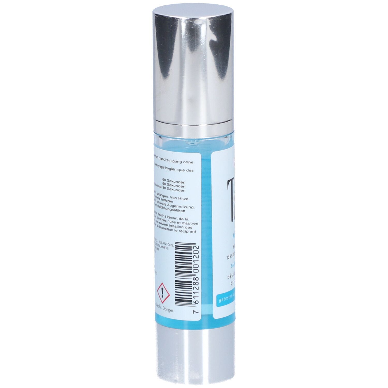 Rückseite der Handdesinfektionsmittel-Flasche. Text in mehreren Sprachen, Barcode und Warnhinweise. Blauer Flüssigkeitsinhalt sichtbar.