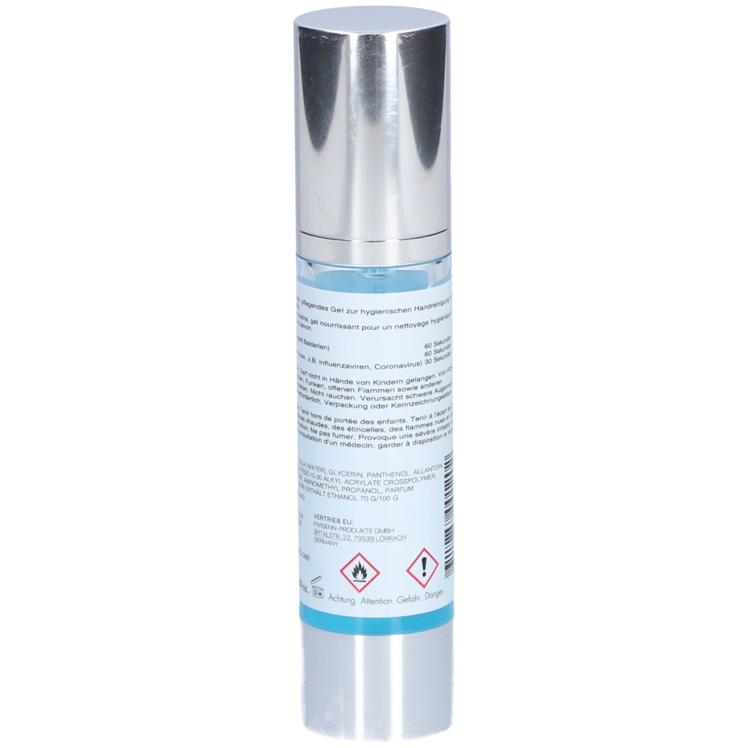 Rückseite der Handdesinfektionsmittel-Flasche. Text in mehreren Sprachen, Warnhinweise und Inhaltsstoffe. Blauer Flüssigkeitsinhalt sichtbar.