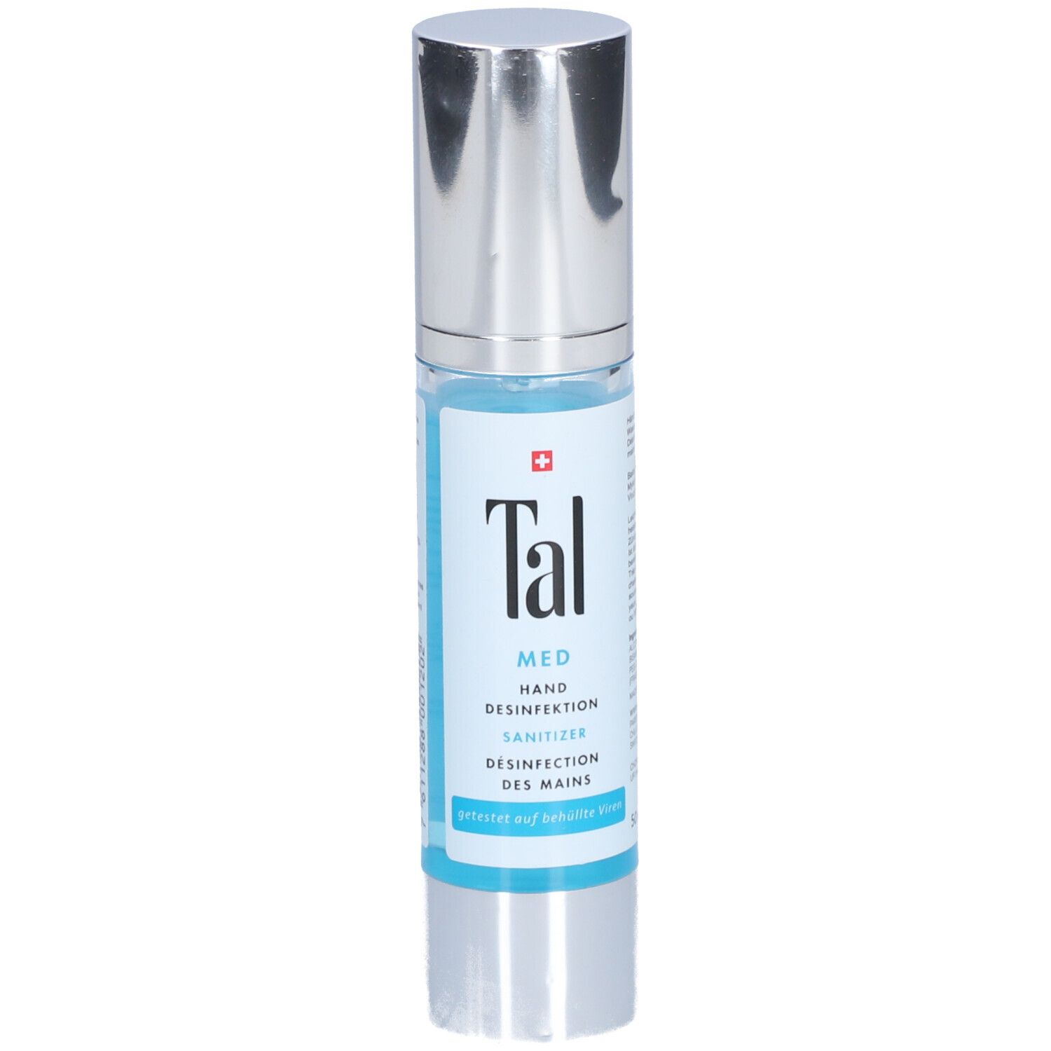 Handdesinfektionsmittel-Flasche mit silbernem Deckel. Aufschrift: Tal Med Hand Desinfektion, Sanitizer, Desinfection des mains. Schweizer Kreuz.