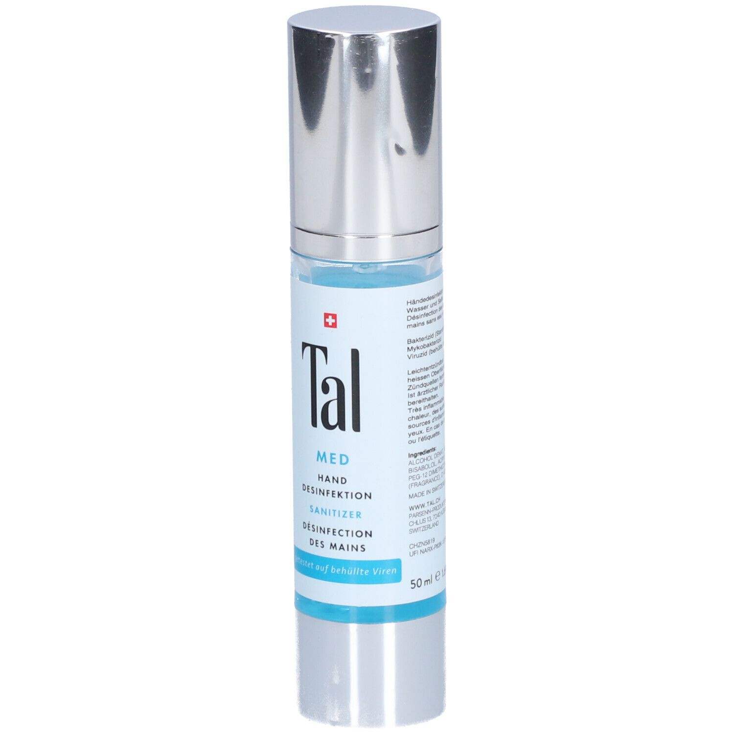 Handdesinfektionsmittel-Flasche mit silbernem Deckel. Aufschrift: Tal Med Hand Desinfektion, Sanitizer, Desinfection des mains. Schweizer Kreuz.