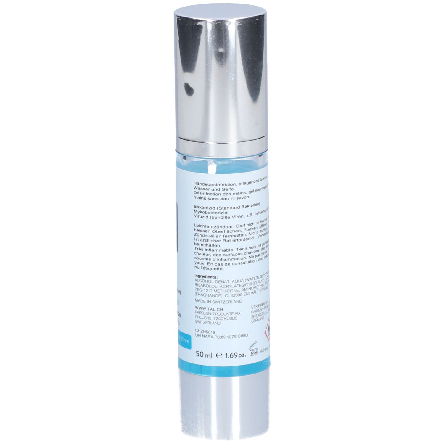 Rückseite der Handdesinfektionsmittel-Flasche. Text in mehreren Sprachen, Inhaltsstoffe und Volumenangabe: 50 ml / 1.69 fl oz.