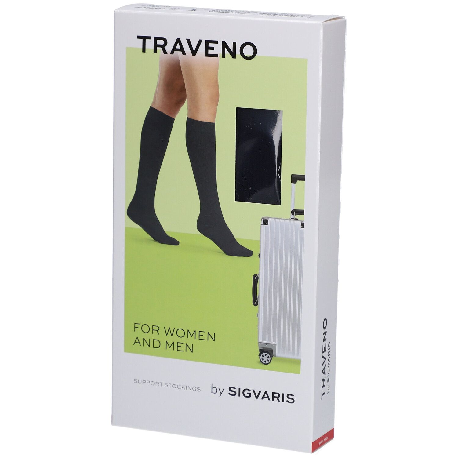 Verpackung mit TRAVENO Reisesocken. Aufdruck: FOR WOMEN AND MEN, by SIGVARIS. Abbildung: Socken am Bein, Koffer.