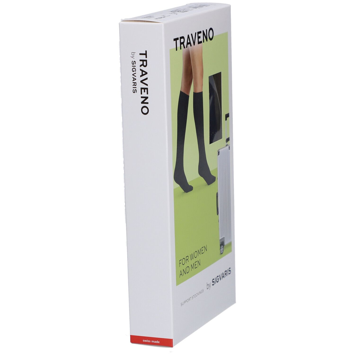 Verpackung TRAVENO Reisesocken, schräg. Aufdruck: TRAVENO by SIGVARIS, FOR WOMEN AND MEN. Abbildung: Socken am Bein, Koffer.