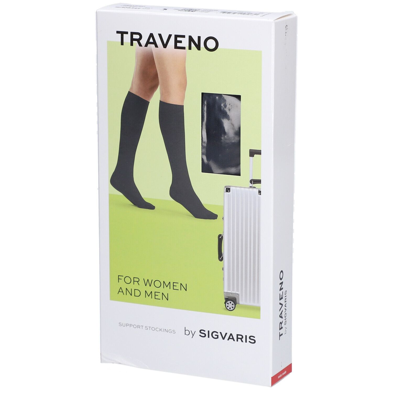 Verpackung mit TRAVENO Reisesocken. Abbildung einer Frau mit Strümpfen. Text: FOR WOMEN AND MEN, by SIGVARIS.