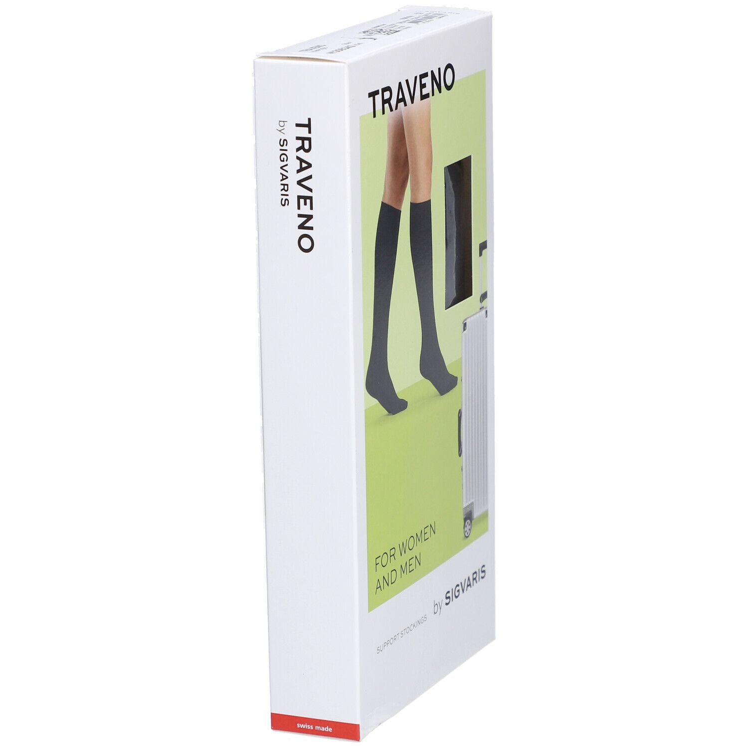 Verpackung von TRAVENO Reisesocken. Seitenansicht. Text: TRAVENO by SIGVARIS. FOR WOMEN AND MEN. Made in Switzerland.