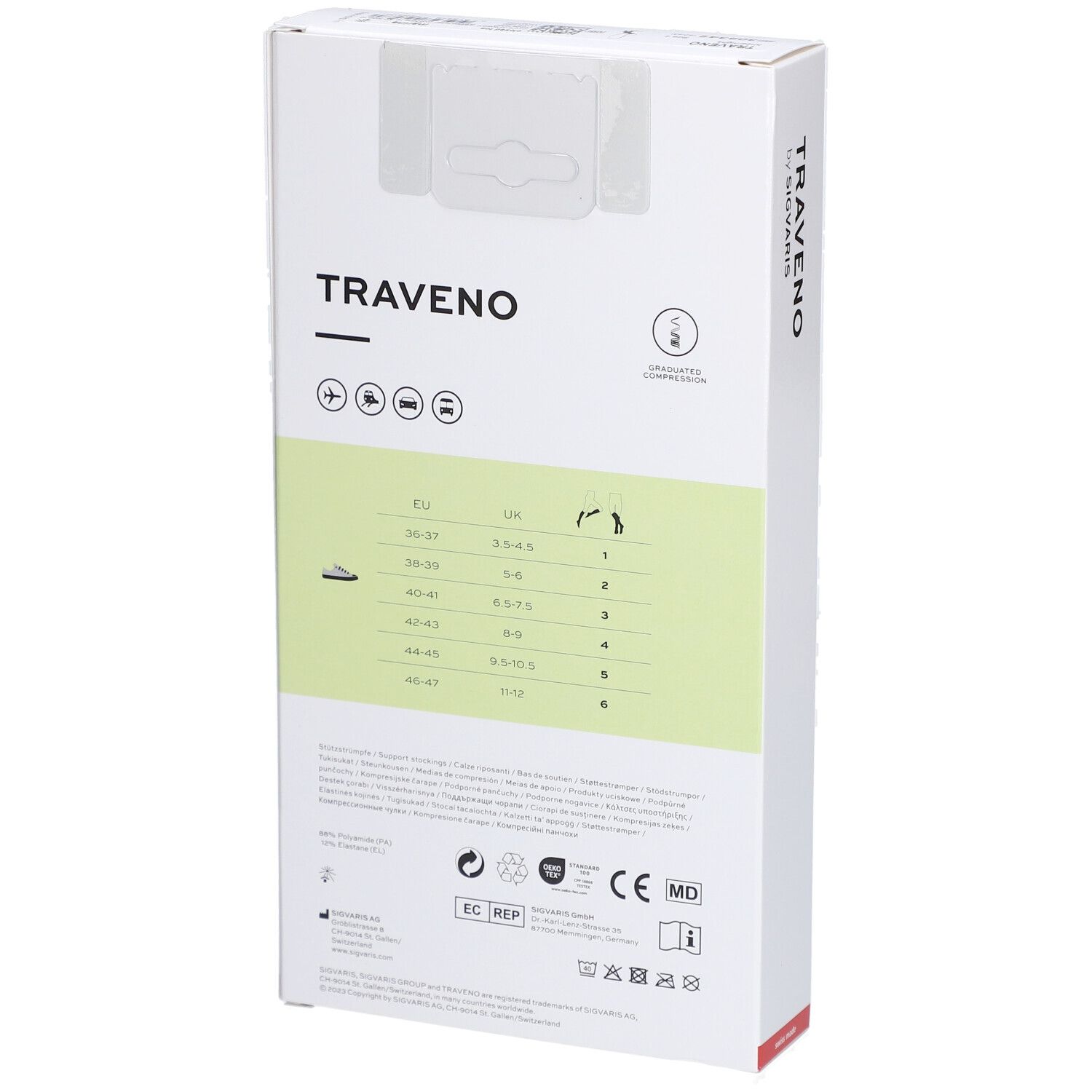 Rückseite der Verpackung von TRAVENO Reisesocken. Größentabelle und Piktogramme. Text: TRAVENO by SIGVARIS.