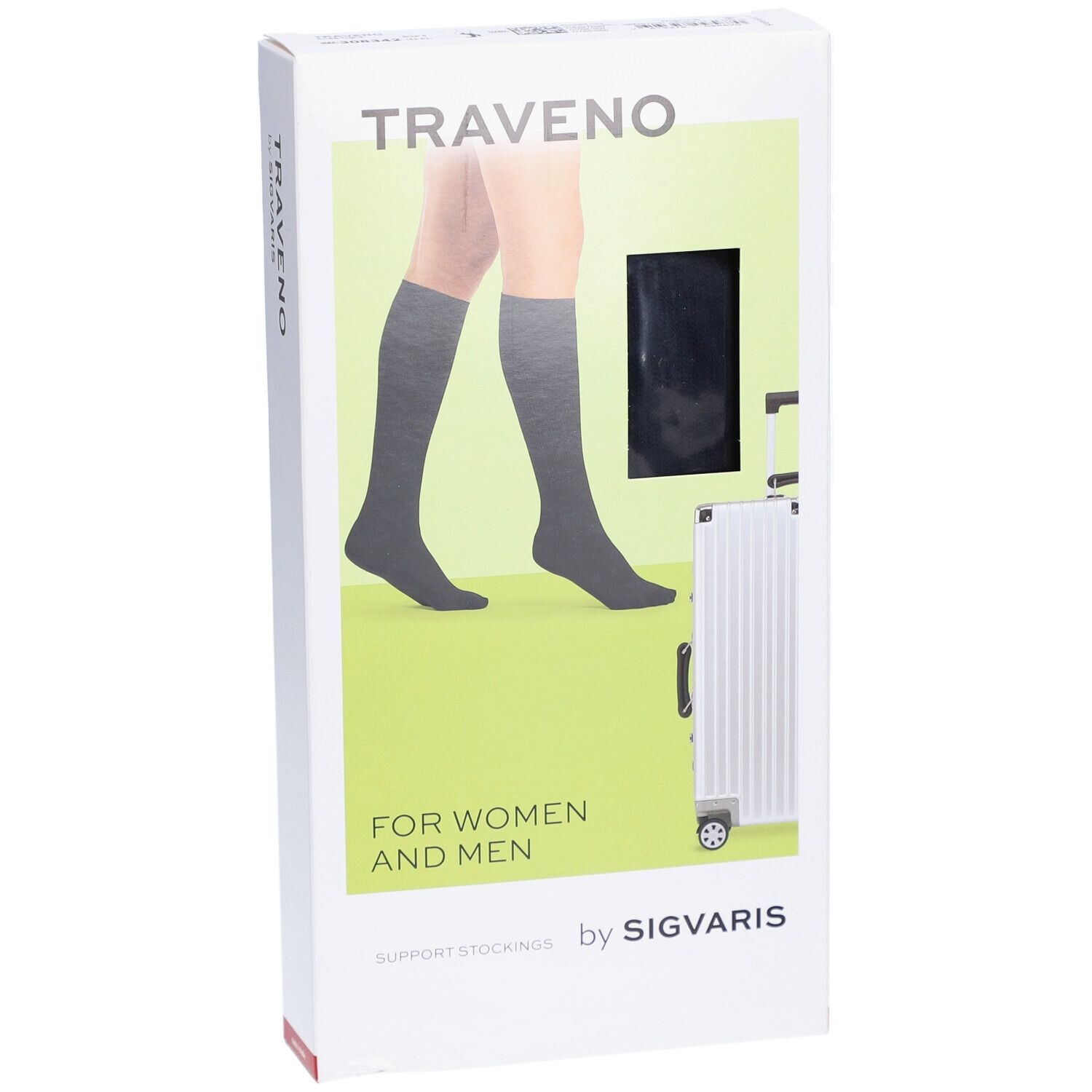 Verpackung mit TRAVENO Reisesocken. Abbildung einer Frau mit Strümpfen. Text: FOR WOMEN AND MEN, by SIGVARIS.