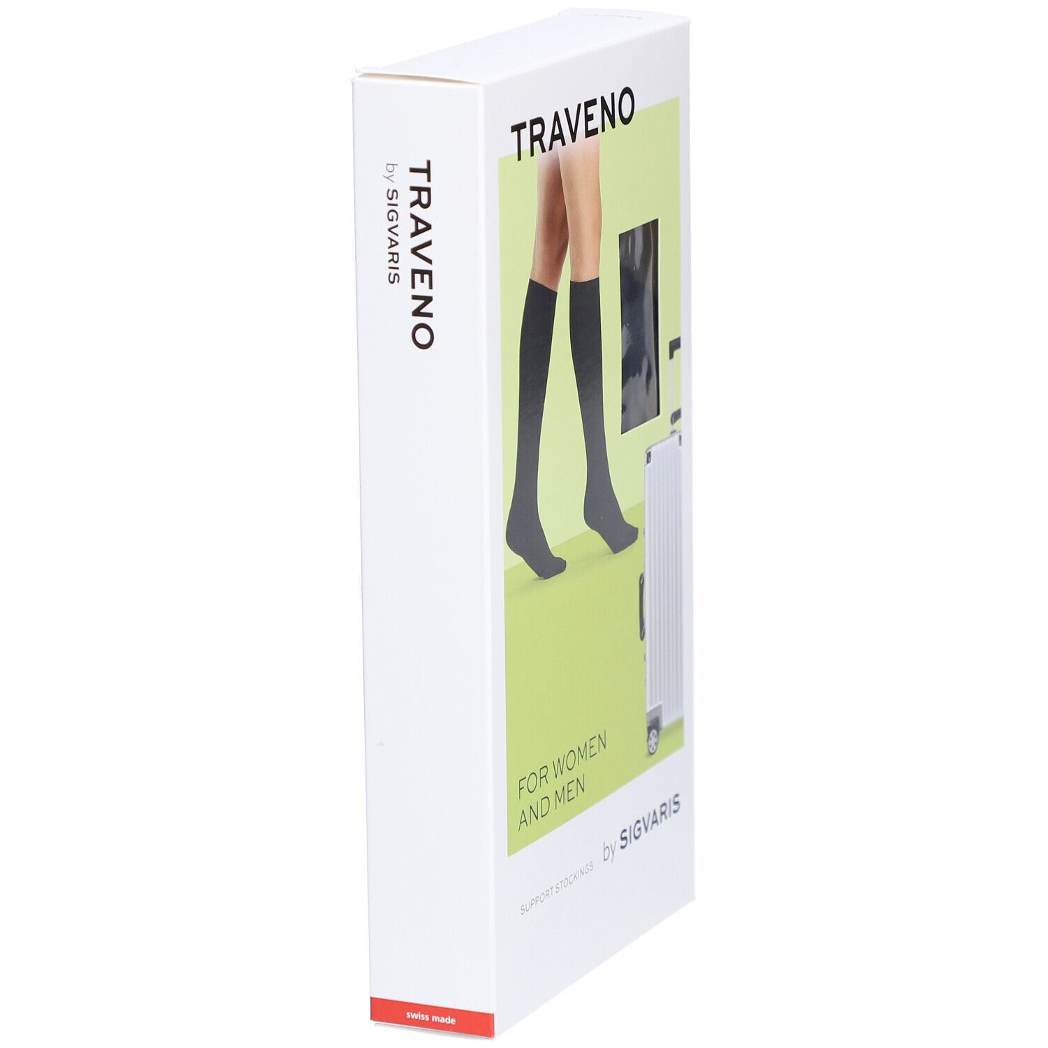 Verpackung, anthrazitfarbene Kniestrümpfe. Aufdruck: TRAVENO by SIGVARIS, FOR WOMEN AND MEN. Abbildung: Beine mit Strümpfen und Koffer.