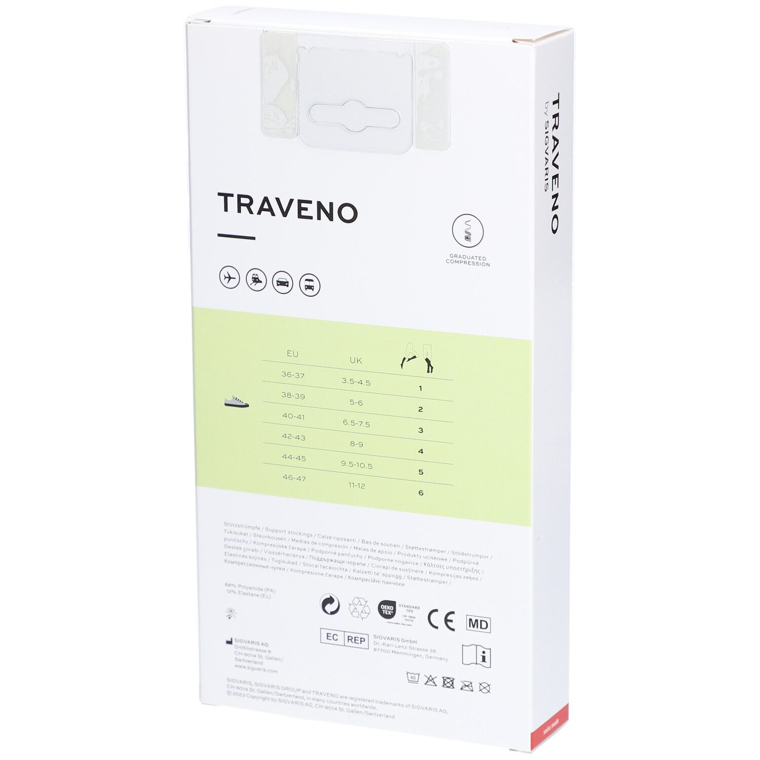 Rückseite der Verpackung. Aufdruck: TRAVENO, Größenangaben, Piktogramme, CE-Kennzeichnung, EC REP-Logo, Waschsymbole.