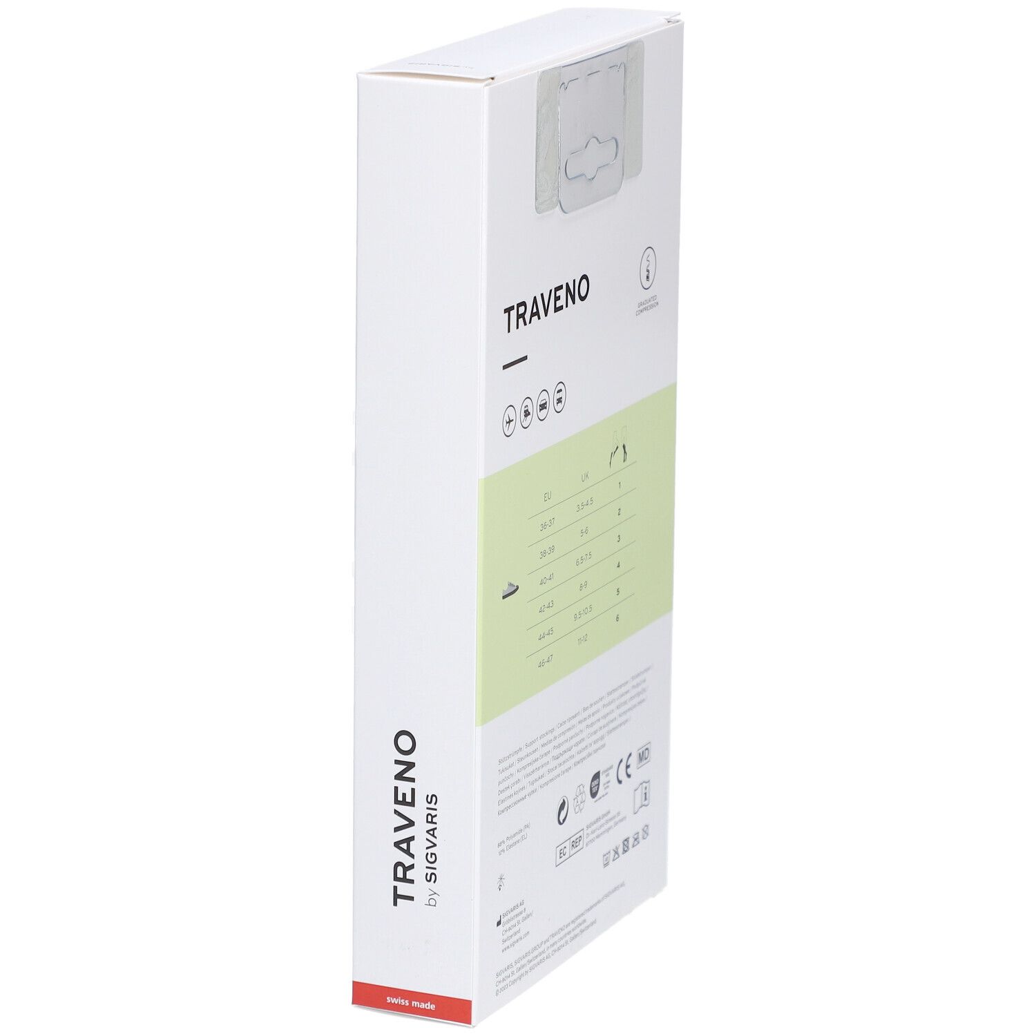 Verpackung, anthrazitfarbene Kniestrümpfe. Aufdruck: TRAVENO by SIGVARIS. Größenangaben, Piktogramme, CE-Kennzeichnung.