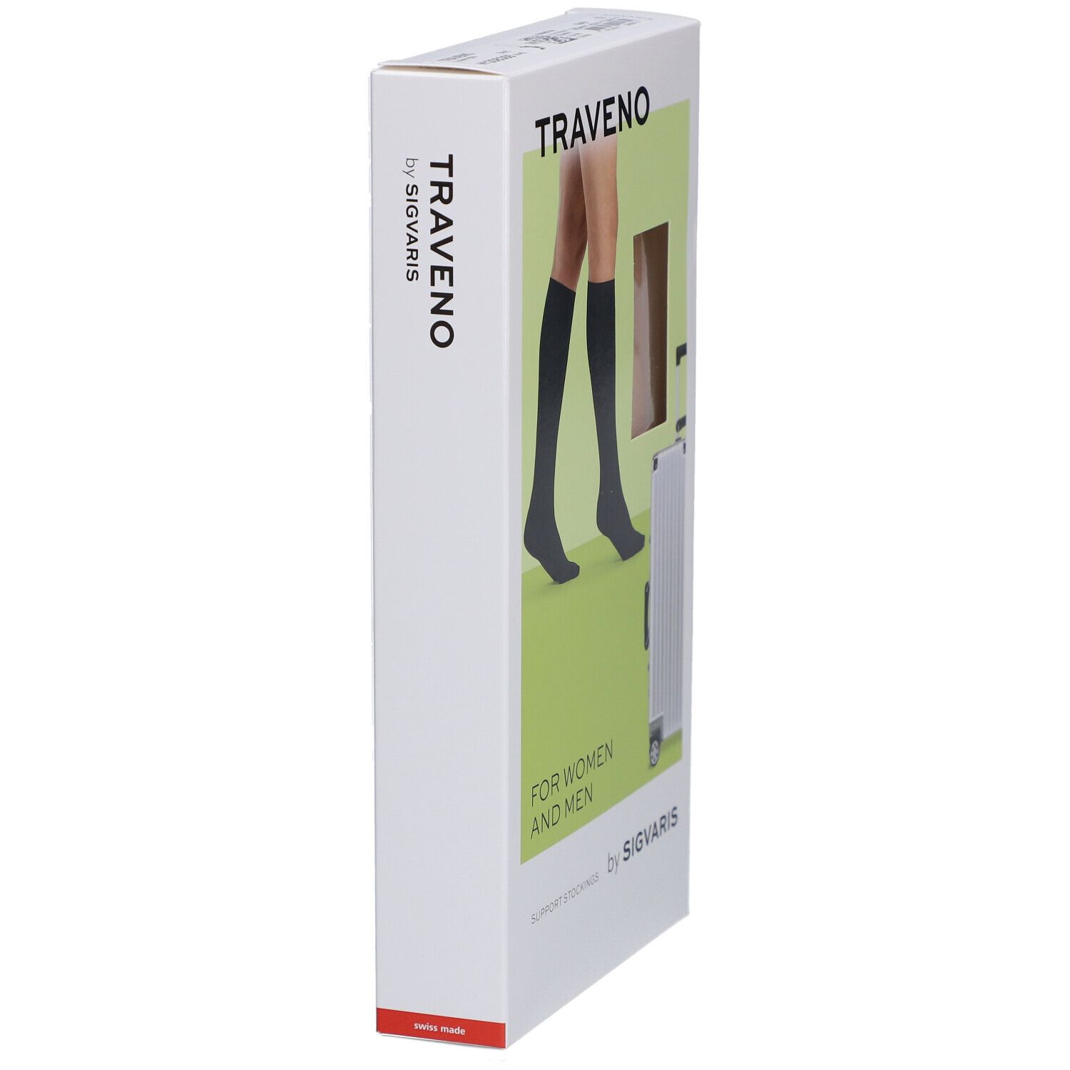 Emballage chaussettes de voyage TRAVENO. Inscription : FOR WOMEN AND MEN. Marque : SIGVARIS. Vue latérale.