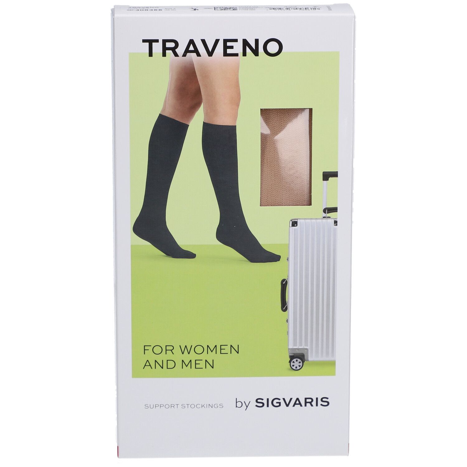 Boîte de chaussettes de voyage TRAVENO. Inscription : FOR WOMEN AND MEN. Fenêtre avec chaussettes. Marque : SIGVARIS.