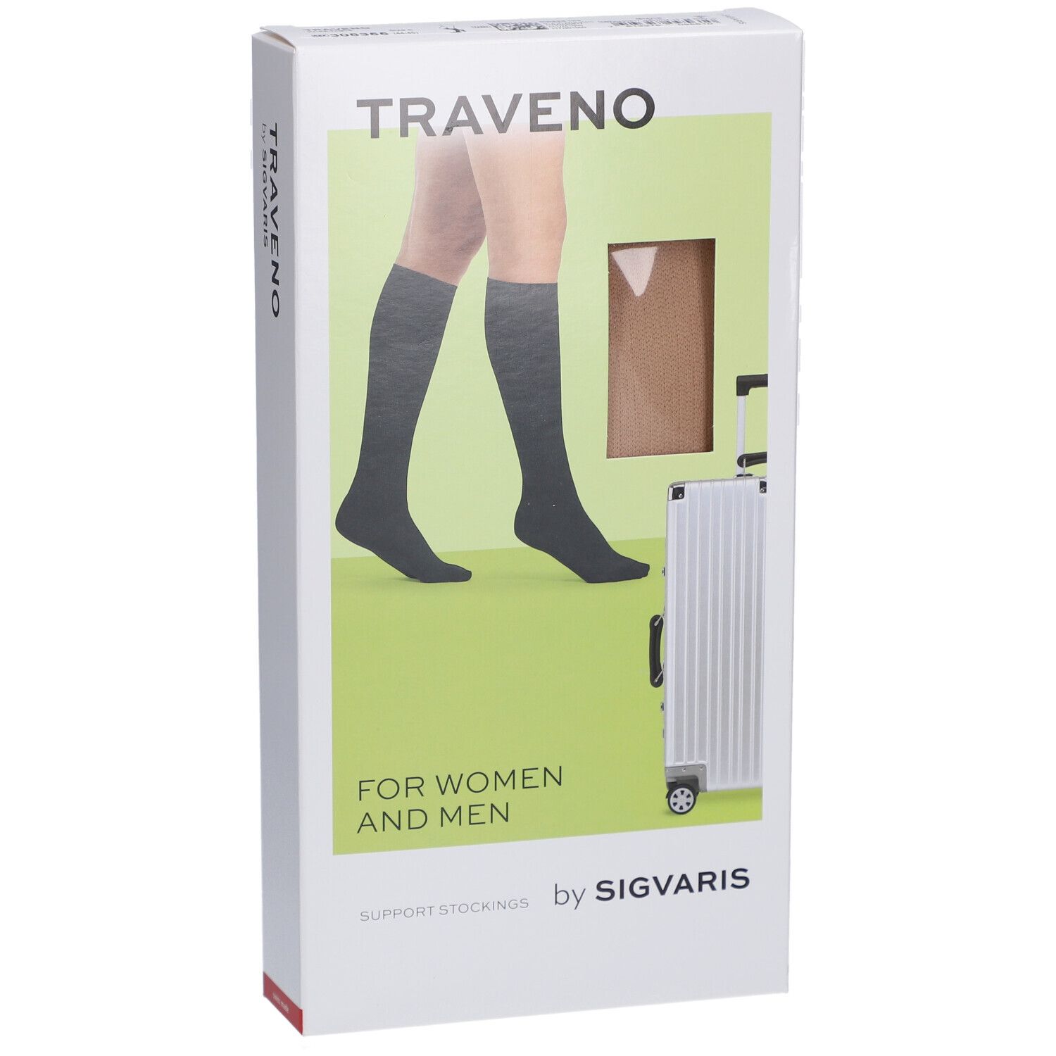 Boîte de chaussettes de voyage TRAVENO. Inscription : FOR WOMEN AND MEN. Fenêtre avec chaussettes. Marque : SIGVARIS.