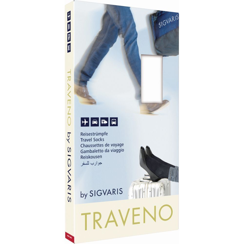 Emballage de chaussettes de voyage SIGVARIS TRAVENO. Inscription: TRAVENO by SIGVARIS, chaussettes de voyage, etc. Illustration: jambes avec chaussettes.