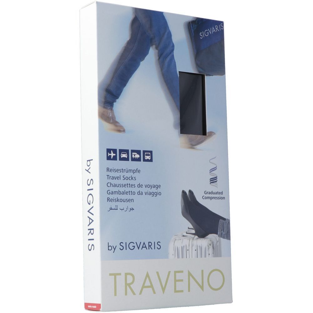 Verpackung von SIGVARIS TRAVENO Reisesocken. Aufdruck: Reiseträume, by SIGVARIS, TRAVENO. Abbildung: Beine in Jeans, Füße in Socken.