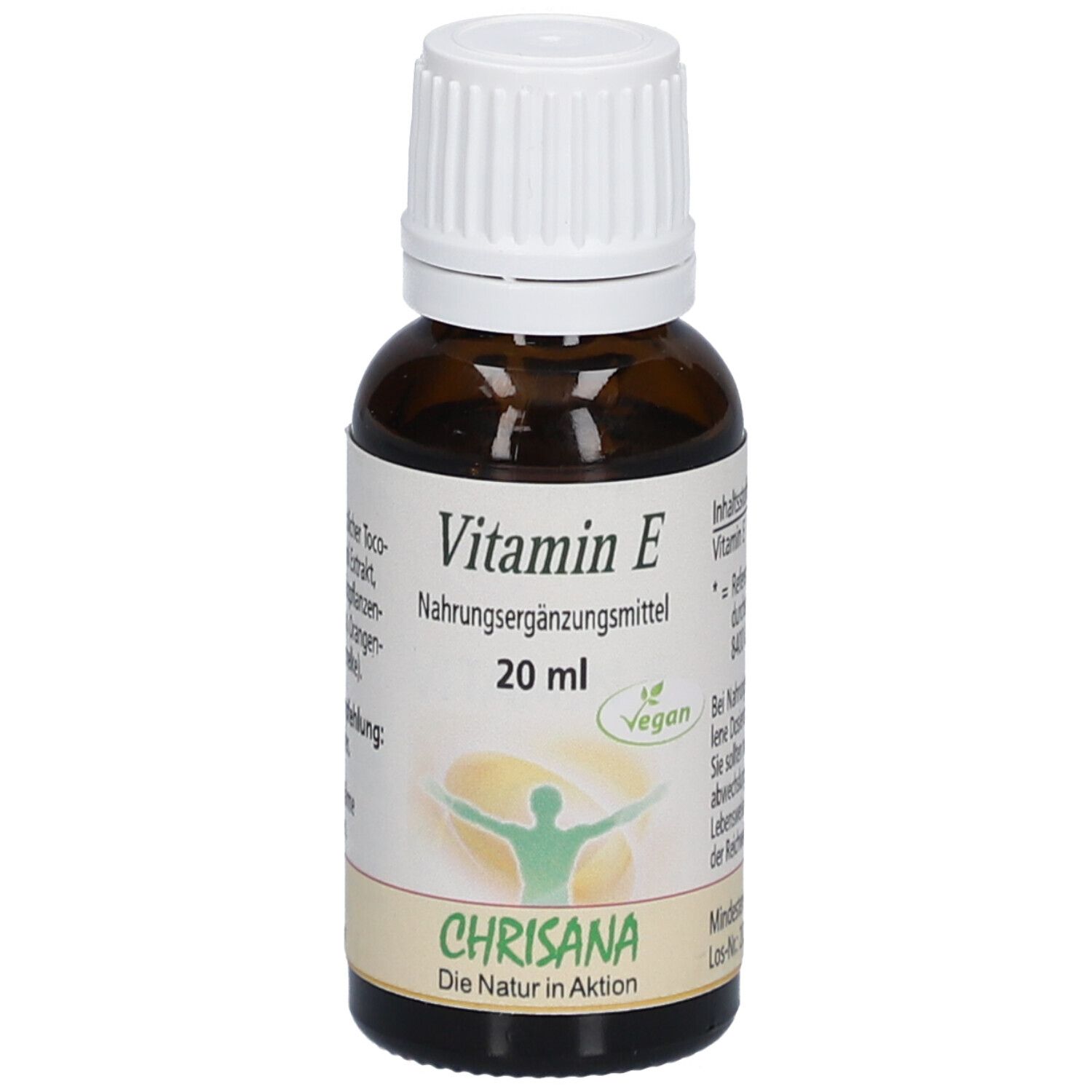 Braune Glasflasche mit weißem Deckel. Aufschrift: Vitamin E, Nahrungsergänzungsmittel, 20 ml, Vegan. Marke: Chrisana.