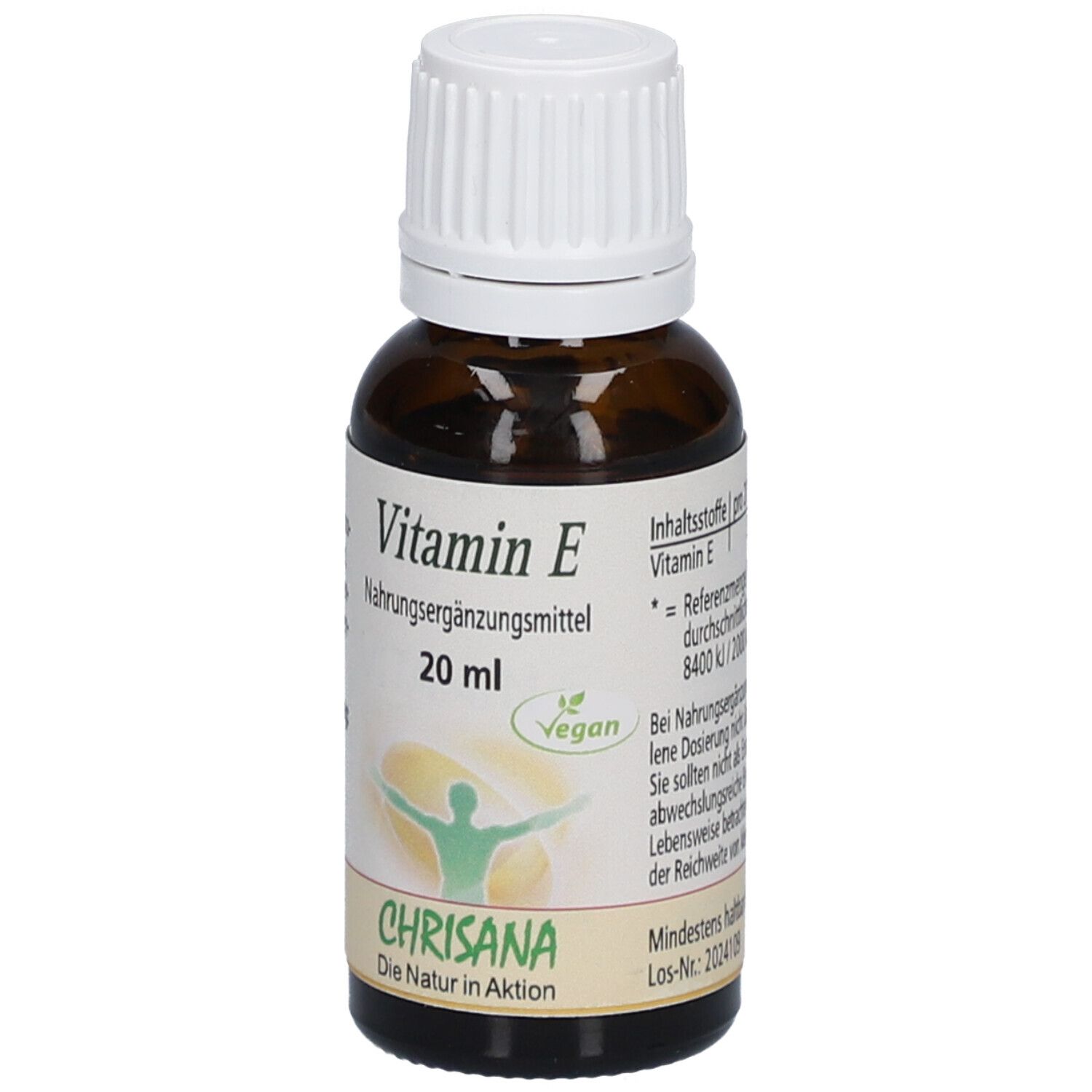 Braune Glasflasche mit weißem Deckel. Aufschrift: Vitamin E, Nahrungsergänzungsmittel, 20 ml, Vegan. Marke: Chrisana.
