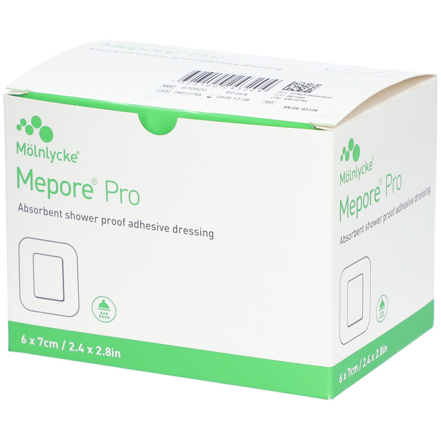 Verpackung von Mepore Pro Wundverband. Weiß mit grünen Akzenten. Aufdruck: 6 x 7cm. Produktname und Logo.