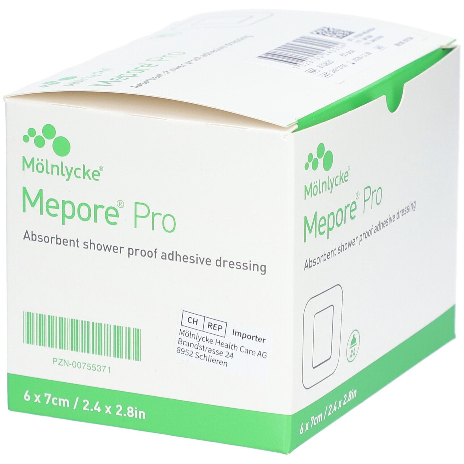Verpackung von Mepore Pro Wundverband. Weiß mit grünen Akzenten. Aufdruck: 6 x 7cm. Produktname und Logo.