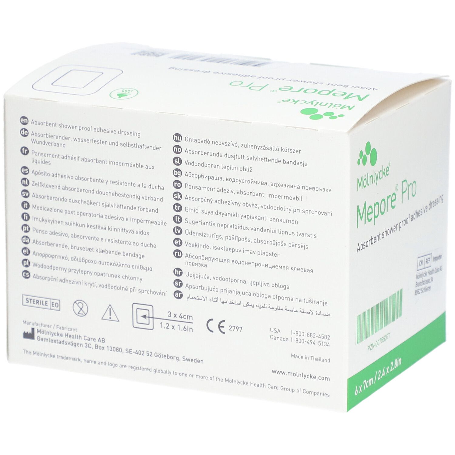 Rückseite der Mepore Pro Verpackung. Mehrsprachige Texte. Größe: 3x4cm. CE-Kennzeichnung. Herstellerinformationen.