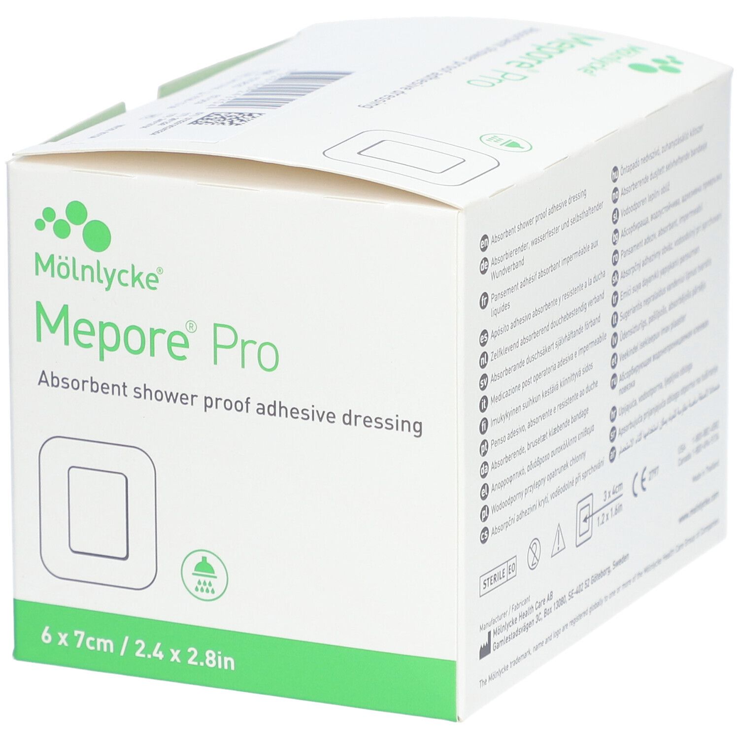 Verpackung von Mepore Pro Wundverband. Weiß mit grünen Akzenten. Aufdruck: 6 x 7cm. Produktname und Logo.