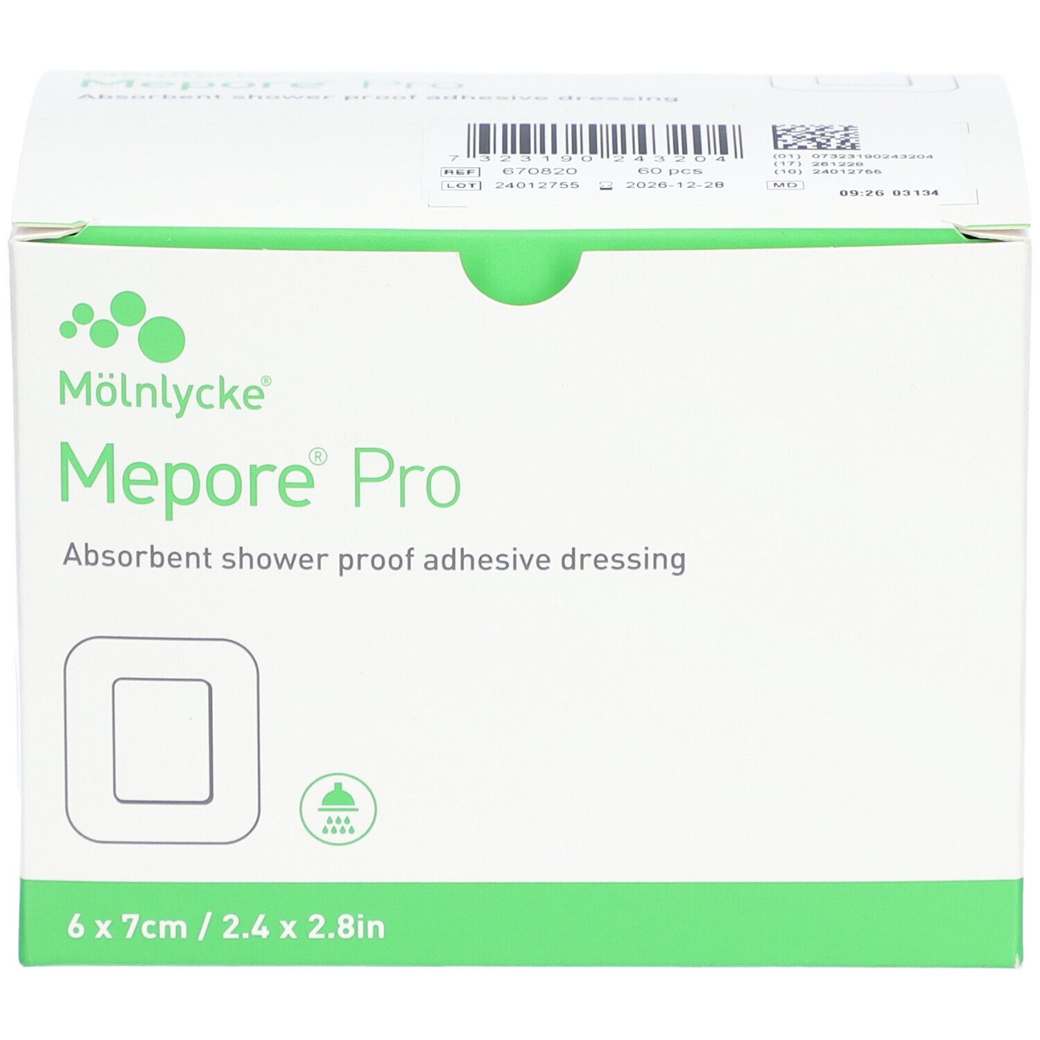 Verpackung von Mepore Pro Wundverband. Weiß mit grünen Akzenten. Aufdruck: 6 x 7cm. Produktname und Logo.