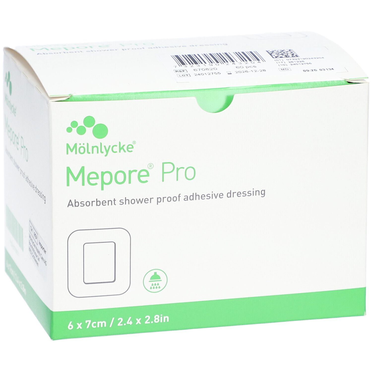 Verpackung von Mepore Pro Wundverband. Weiß mit grünen Akzenten. Aufdruck: 6 x 7cm. Produktname und Logo.