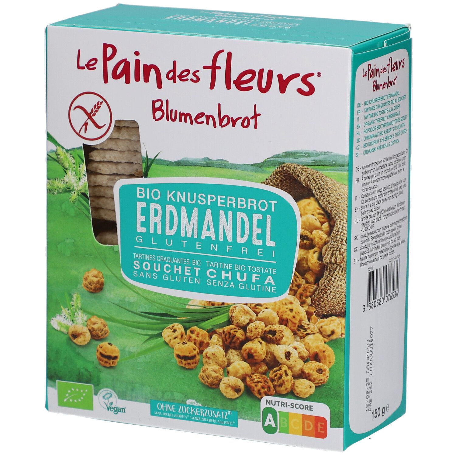 Verpackung von Knäckebrot. Aufschrift: Le Pain des Fleurs, Blumenbrot, Bio Knusperbrot Erdmandel glutenfrei. Mit Tigernüssen und Knäckebrot.