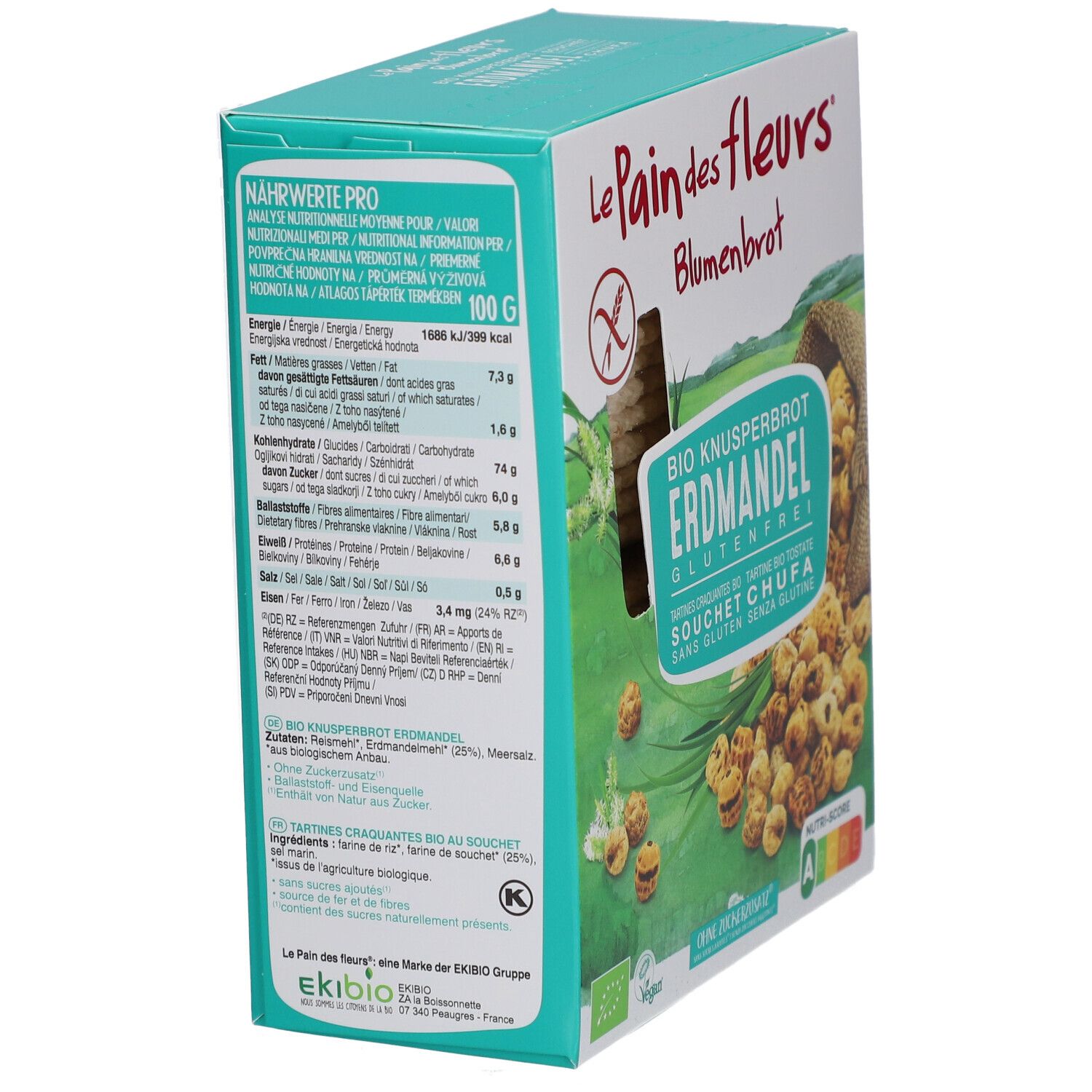Rückseite der Knäckebrot-Verpackung. Nährwertangaben, Zutaten, Zertifizierungen. Marke: Le Pain des Fleurs. Mit Nährwerttabelle und Logo.