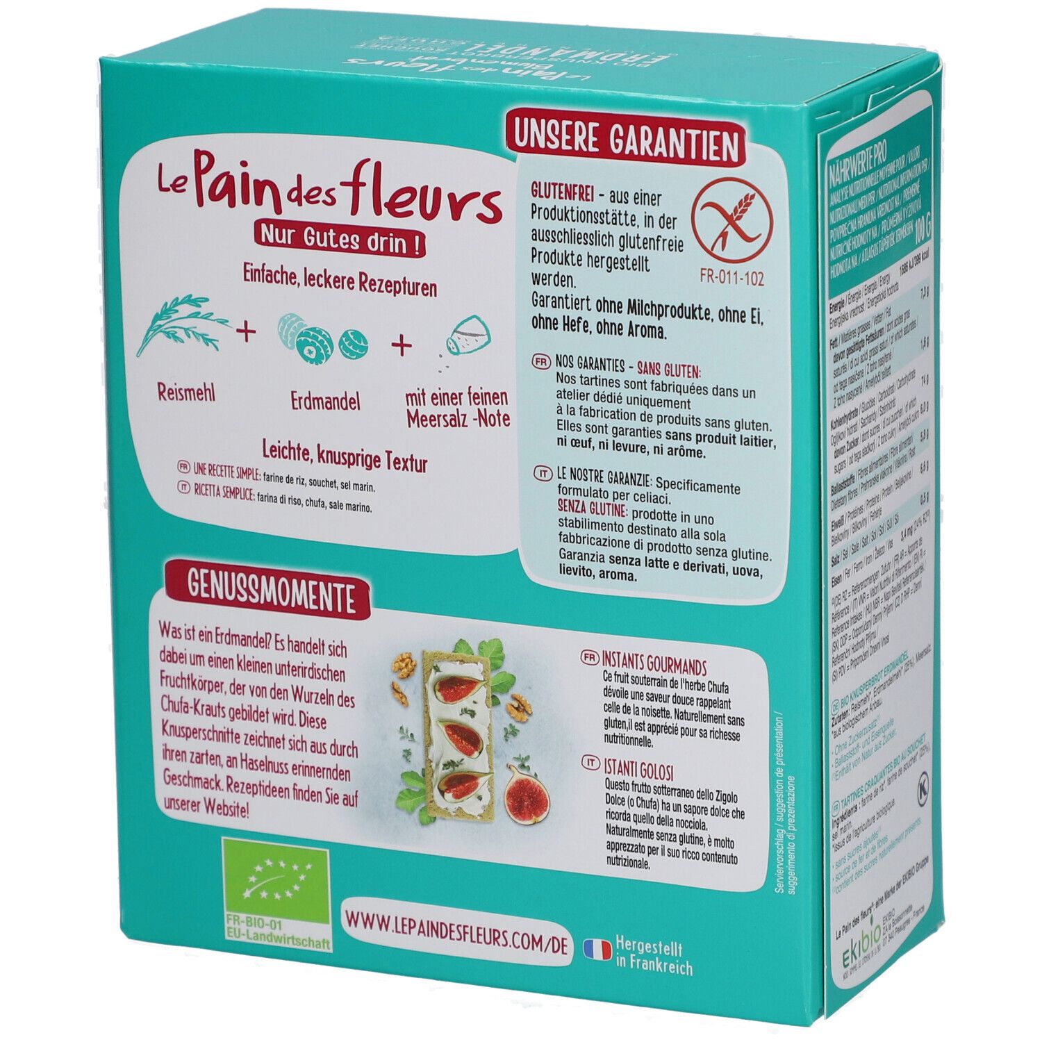 Rückseite der Knäckebrot-Verpackung. Text über glutenfreie Produkte, Rezeptvorschläge. Marke: Le Pain des Fleurs. Mit Text und Logo.