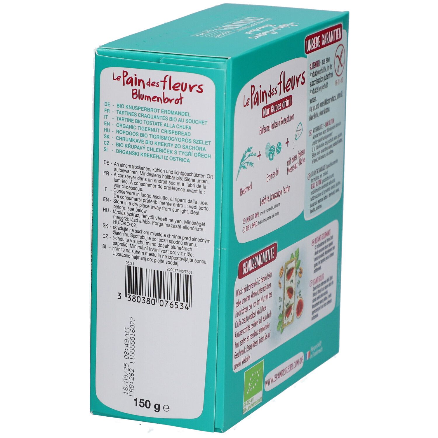 Seitenansicht der Knäckebrot-Verpackung. Produktname, Gewicht, Barcode. Marke: Le Pain des Fleurs. Mit Produktname und Gewicht.