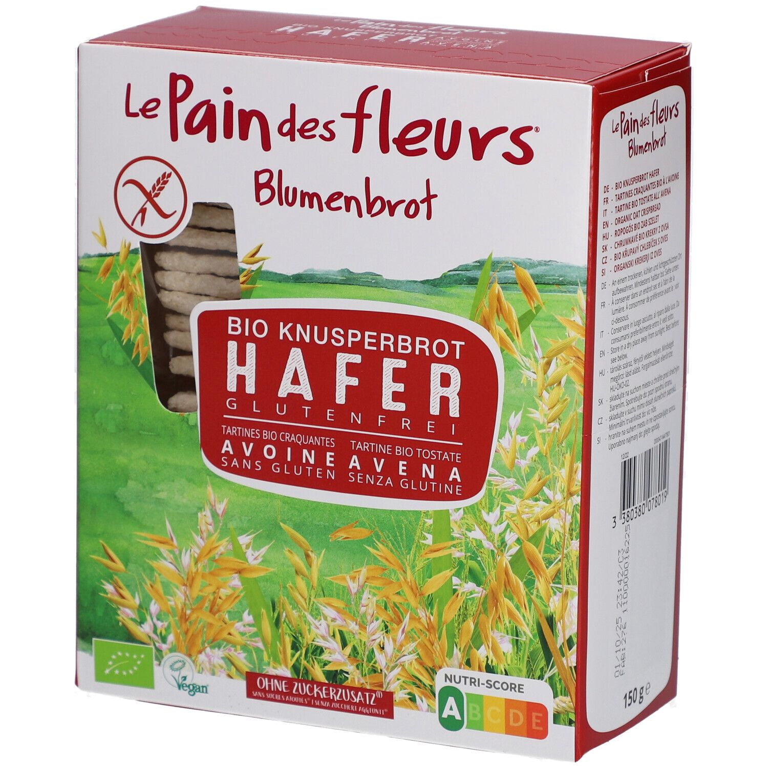 Verpackung von Blumenbrot Bio Knusperbrot Hafer. Sichtbar: glutenfrei, vegan, Bio-Siegel, Nutri-Score. Grün-weiß-rote Schachtel mit Produktabbildung.