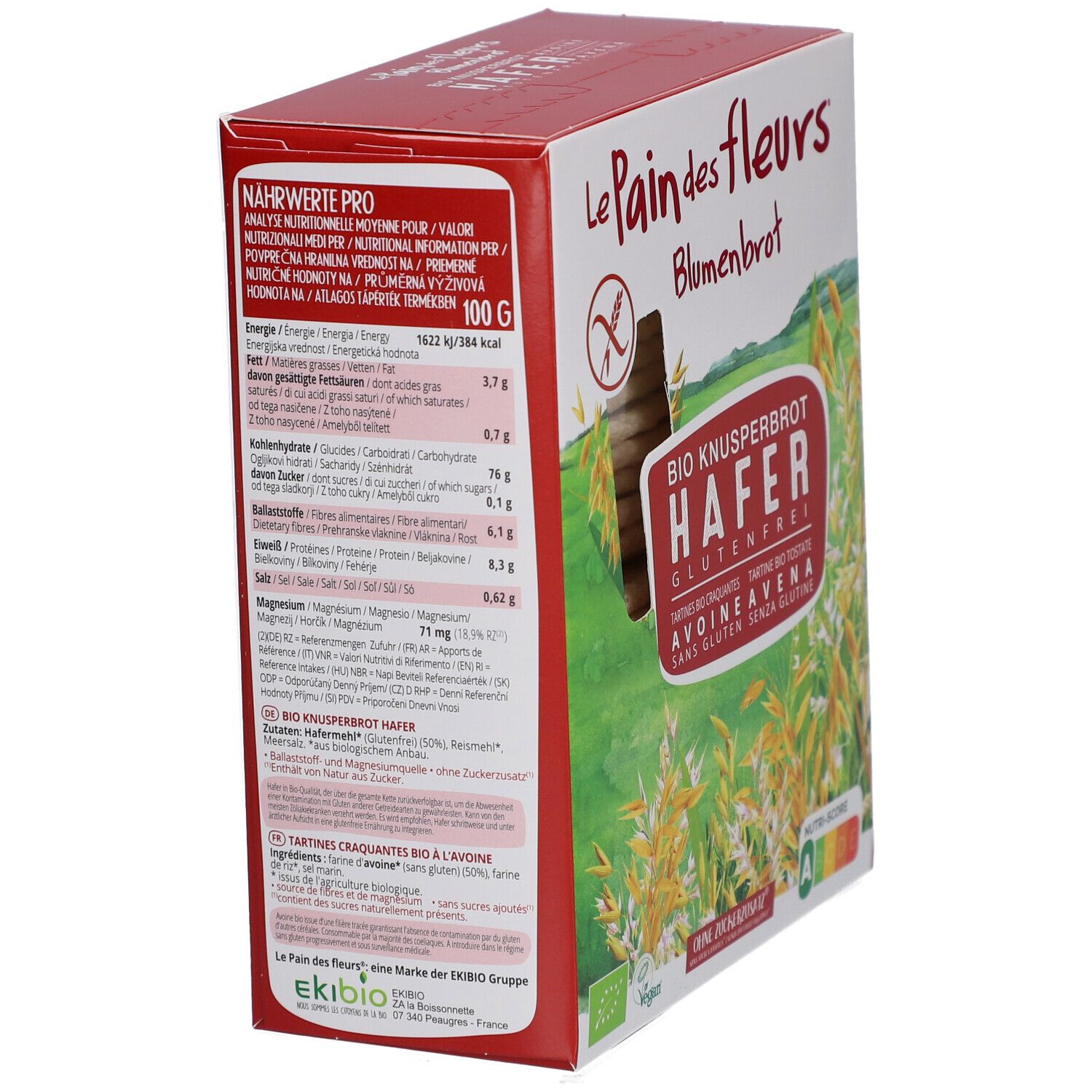 Rückseite der Blumenbrot Bio Knusperbrot Hafer Verpackung. Enthält Nährwertangaben, Zutatenliste und Herstellerinformationen. Rote Verpackung.