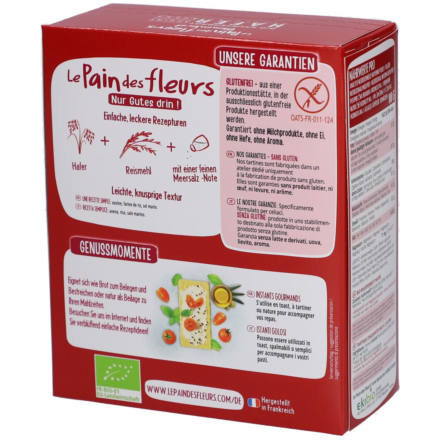 Rückseite der Blumenbrot Bio Knusperbrot Hafer Verpackung. Text über glutenfreie Herstellung, ohne Zusatzstoffe. Rote Verpackung.