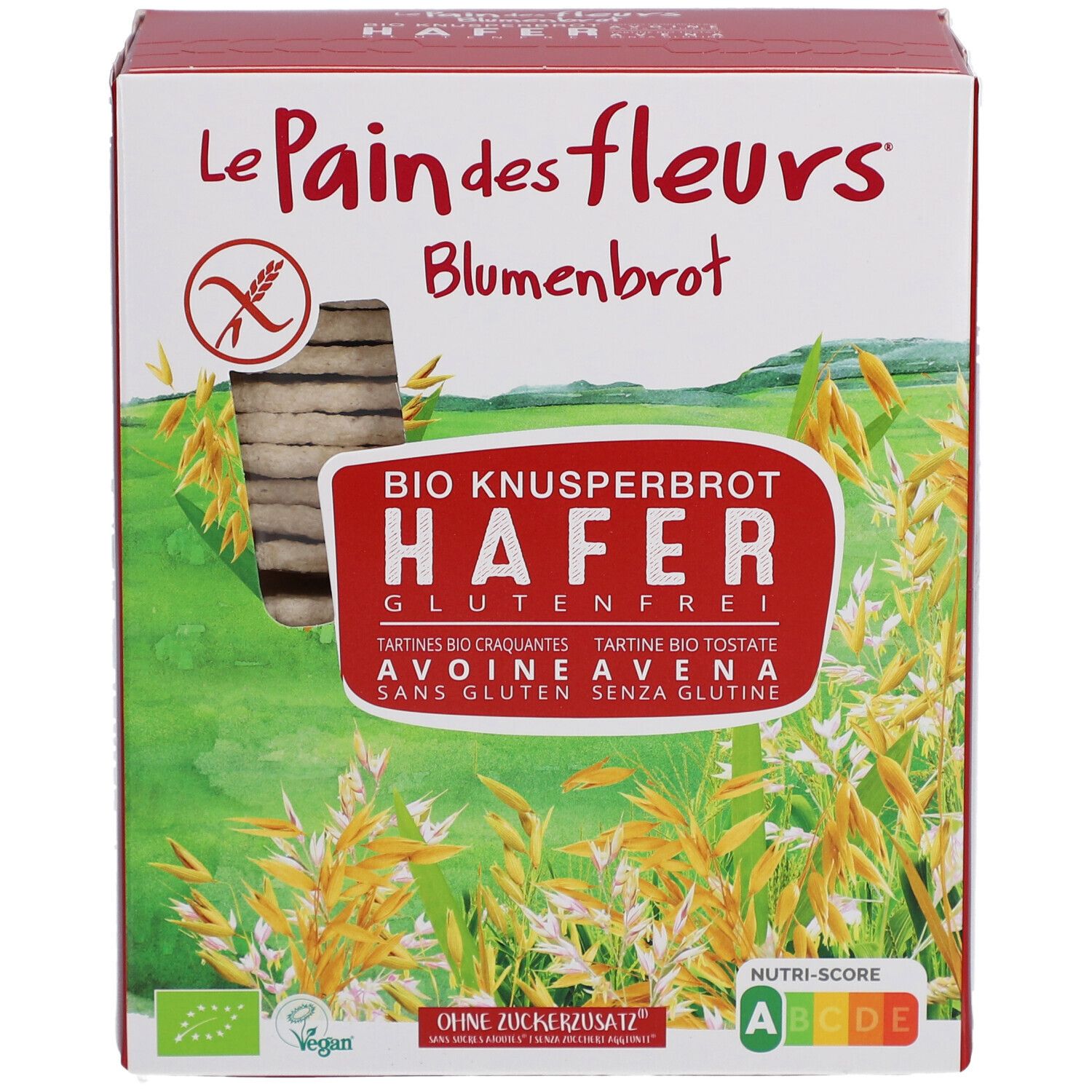 Vorderseite der Blumenbrot Bio Knusperbrot Hafer Verpackung. Glutenfrei, vegan, Bio-Siegel, Nutri-Score. Grün-weiß-rote Schachtel.