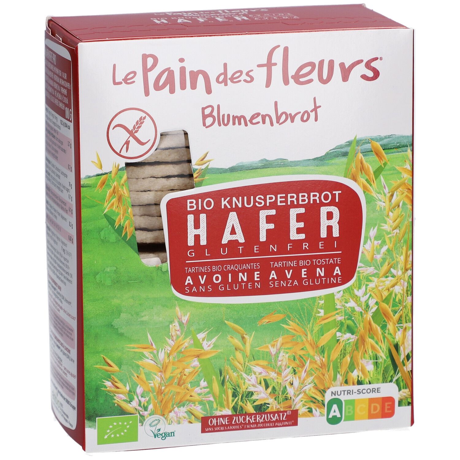 Vorderseite der Blumenbrot Bio Knusperbrot Hafer Verpackung. Glutenfrei, vegan, Bio-Siegel, Nutri-Score. Grün-weiß-rote Schachtel.