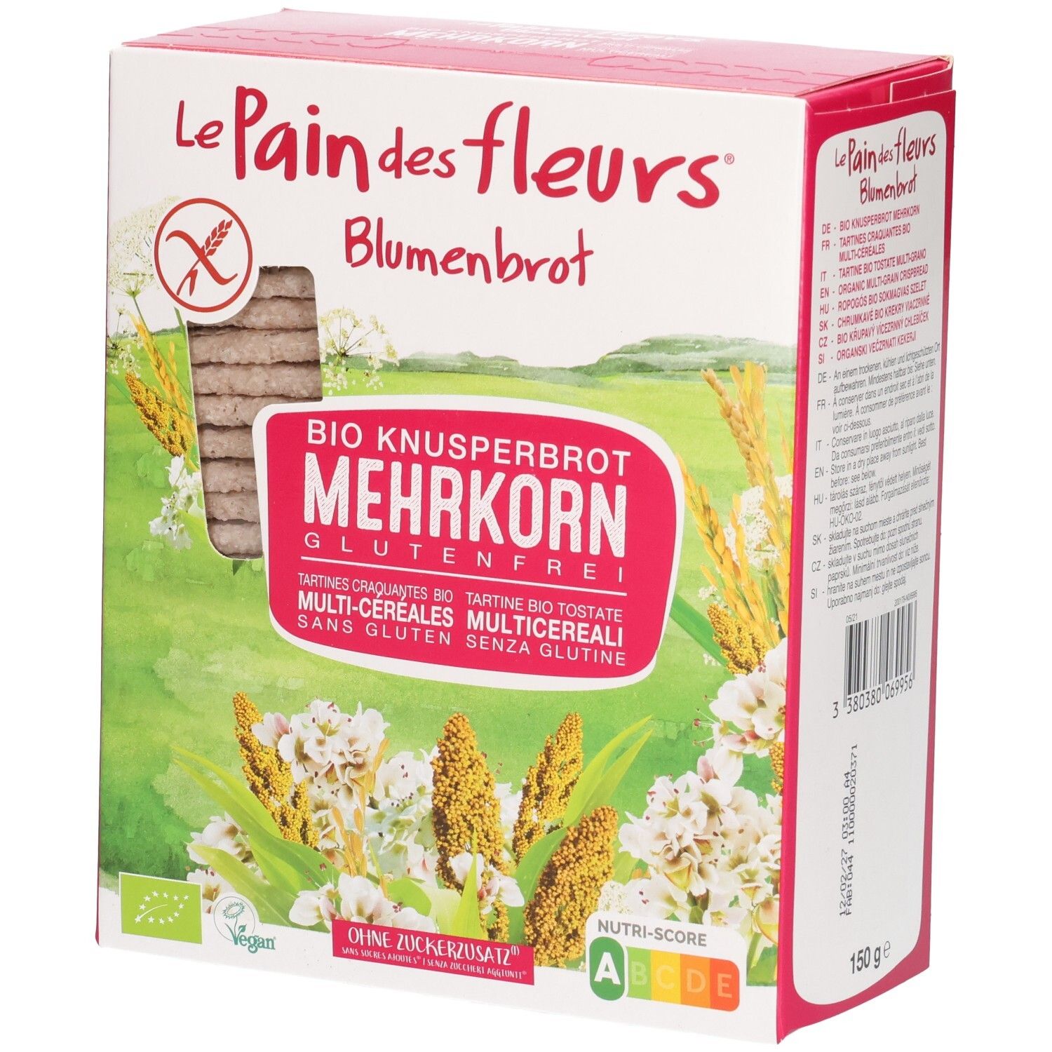 Verpackung mit glutenfreien Mehrkorn-Knusperbrotschnitten. Sichtbar: Produktname, Logo, Zutaten, Bio-Siegel, Nährwerttabelle.