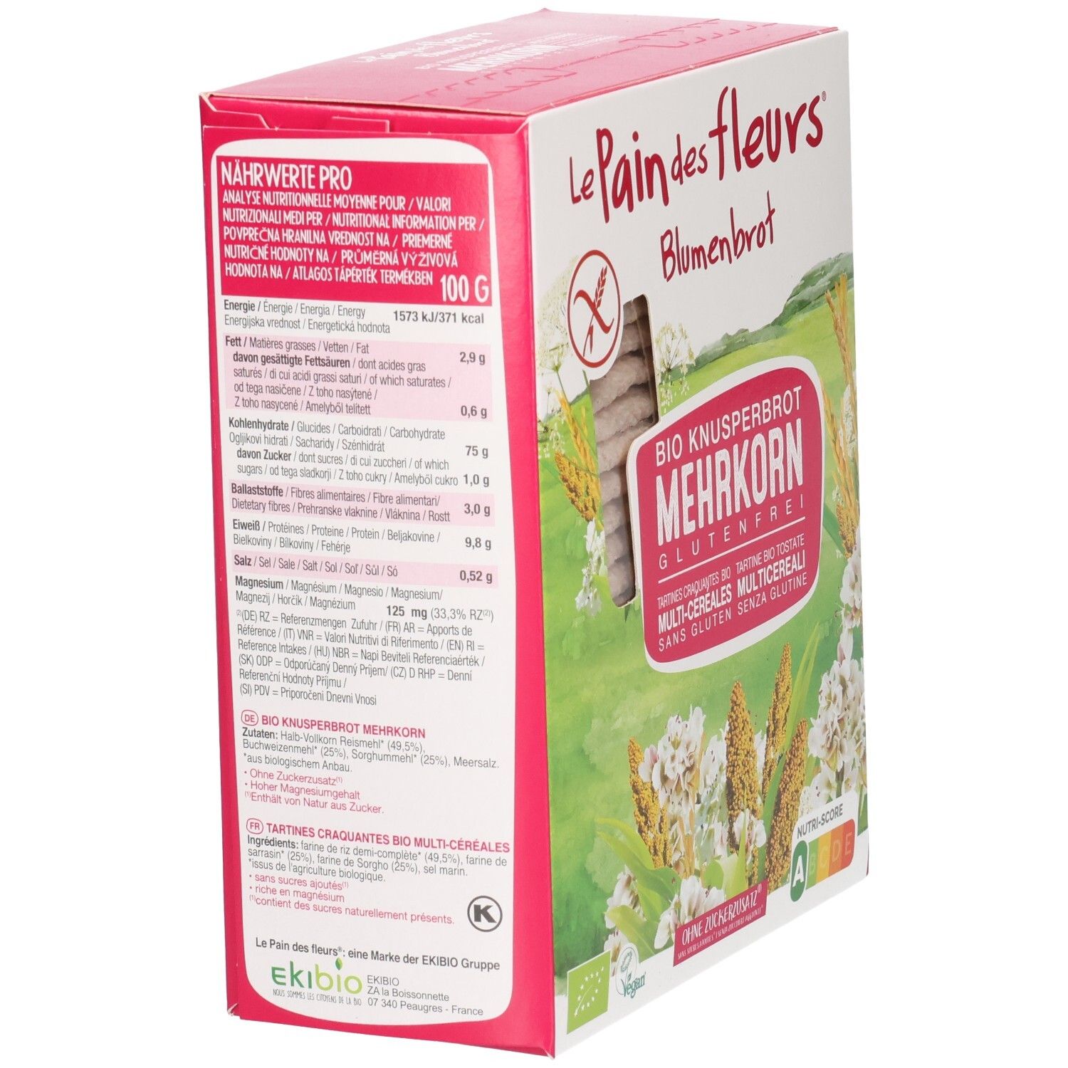 Verpackung mit glutenfreien Mehrkorn-Knusperbrotschnitten. Rückseite mit Nährwertangaben pro 100g und weiteren Informationen.